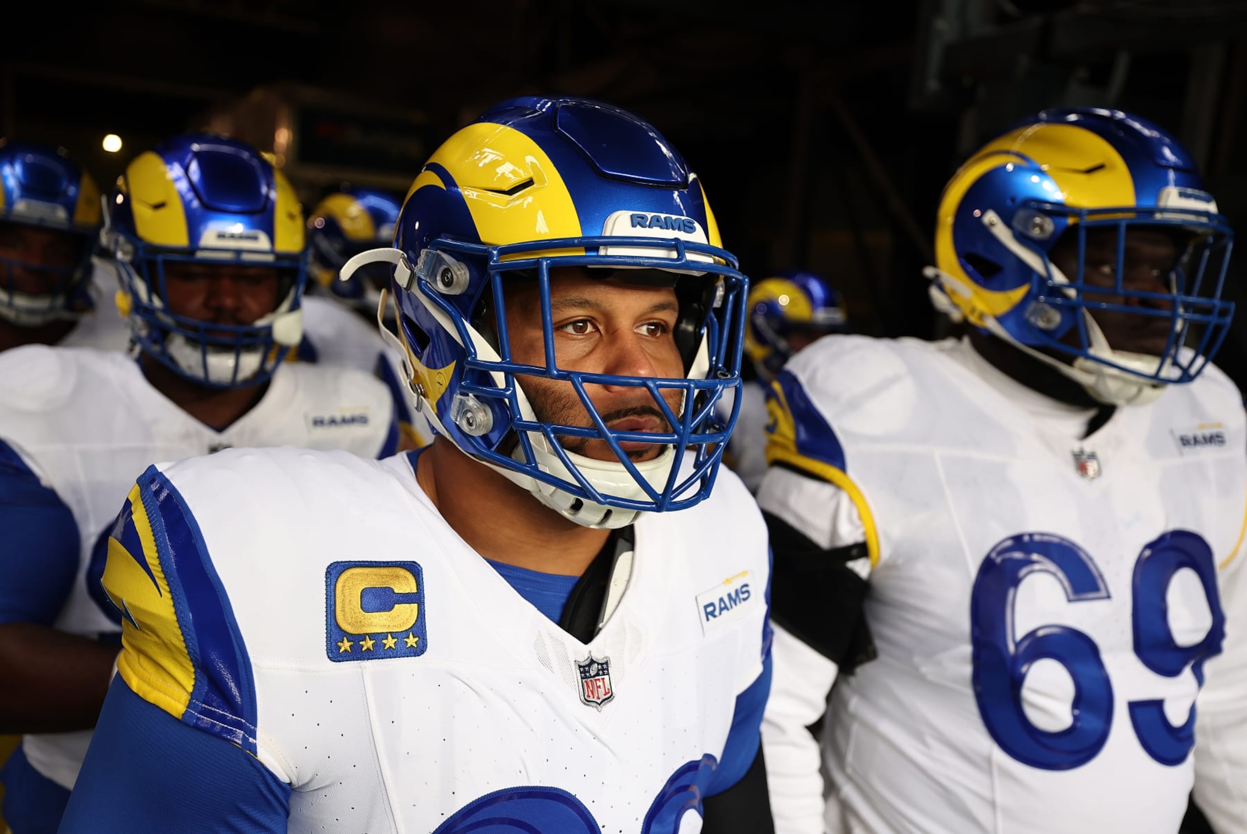 EAST RUTHERFORD, NEW JERSEY - DECEMBER 31: Aaron Donald #99 of the Los Angeles Rams looks on prior to a game against the New York Giants at MetLife Stadium on December 31, 2023 in East Rutherford, New Jersey. (Photo by Dustin Satloff/Getty Images)