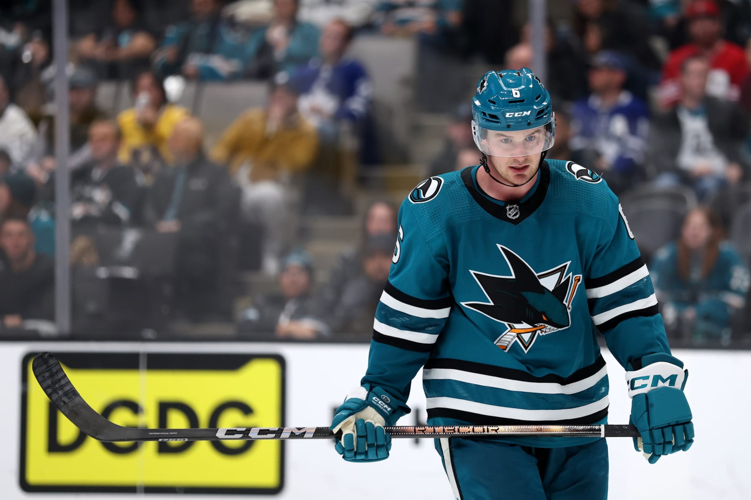 SAN JOSE, CALIFORNIA - JANUARY 06: Ty Emberson #6 of the San Jose Sharks skates on the ice during their game against the Toronto Maple Leafs at SAP Center on January 06, 2024 in San Jose, California. (Photo by Ezra Shaw/Getty Images)