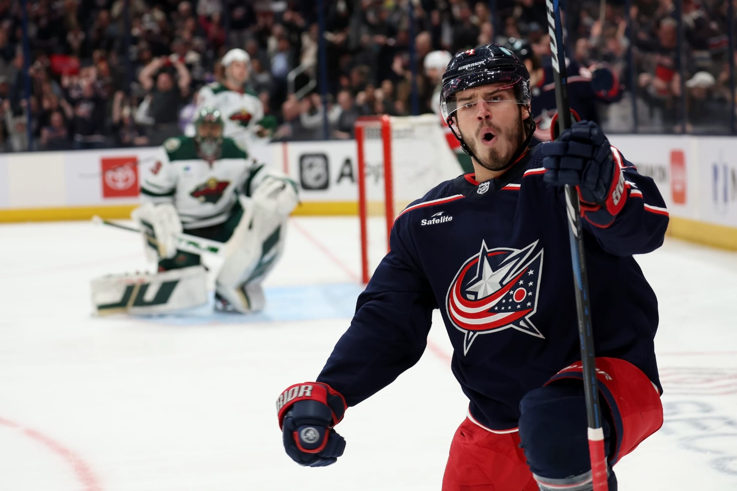 COLUMBUS, OHIO - JANUARY 6:  Cole Sillinger #4 of the Columbus Blue Jackets reacts after scoring a goal during the game against the Minnesota Wild at Nationwide Arena on January 6, 2024 in Columbus, Ohio. (Photo by Kirk Irwin/NHLI via Getty Images)