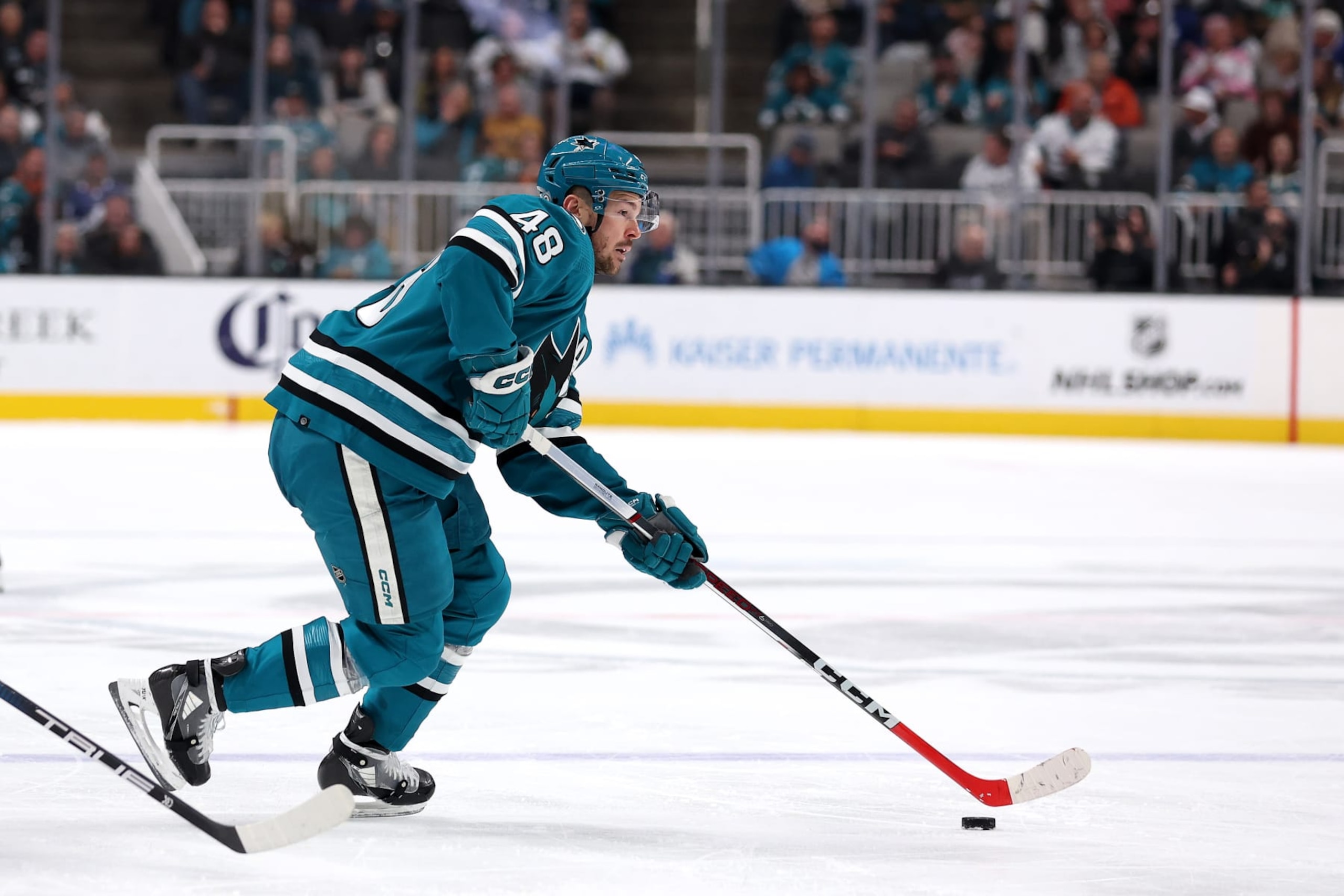SAN JOSE, CALIFORNIA - JANUARY 06: Tomas Hertl #48 of the San Jose Sharks in action against the Toronto Maple Leafs at SAP Center on January 06, 2024 in San Jose, California. (Photo by Ezra Shaw/Getty Images)