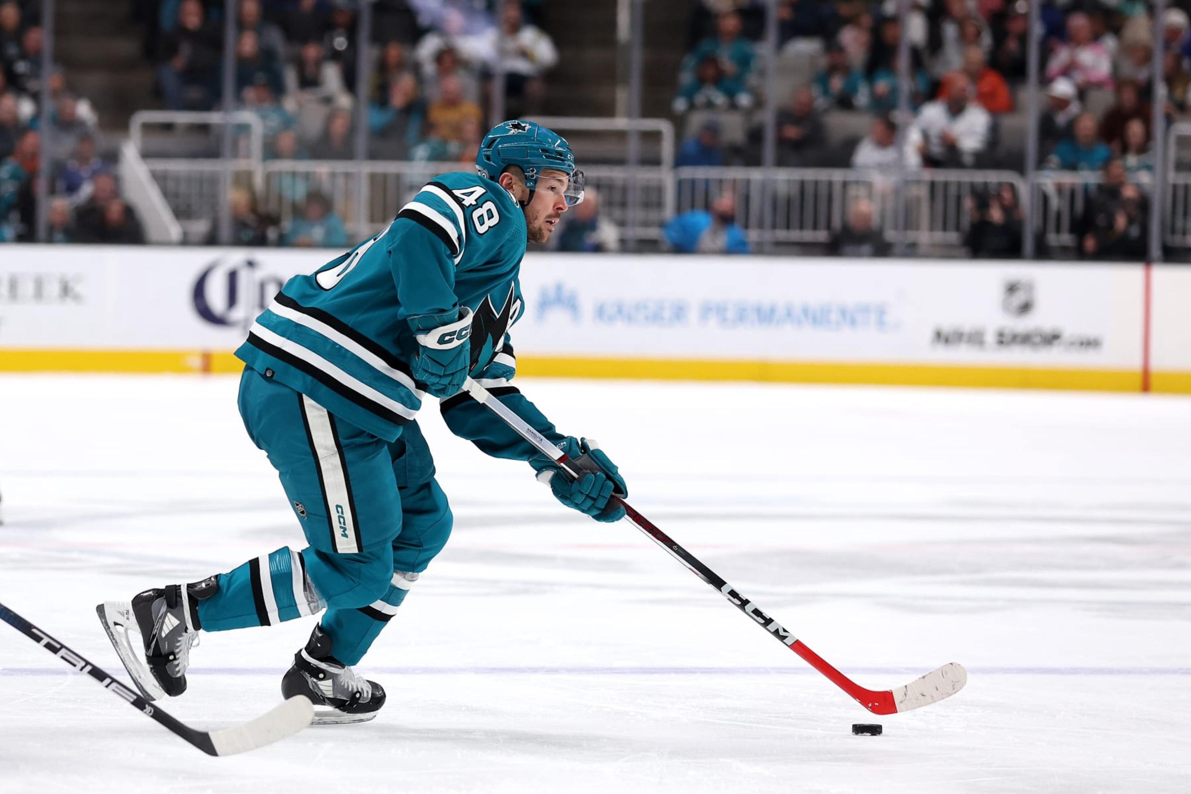 SAN JOSE, CALIFORNIA - JANUARY 06: Tomas Hertl #48 of the San Jose Sharks in action against the Toronto Maple Leafs at SAP Center on January 06, 2024 in San Jose, California. (Photo by Ezra Shaw/Getty Images)