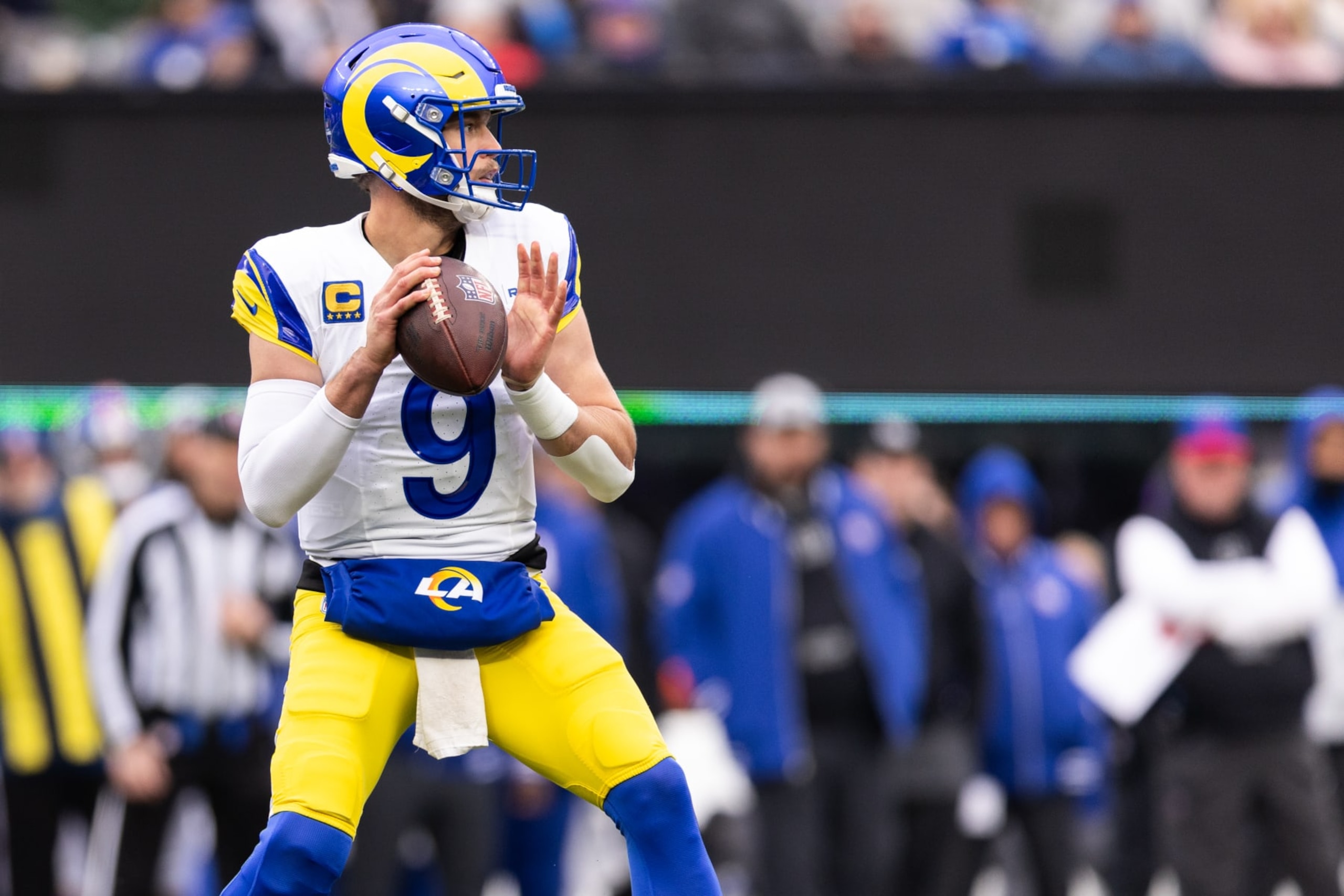 EAST RUTHERFORD, NEW JERSEY - DECEMBER 31: Matthew Stafford #9 of the Los Angeles Rams attempts a pass during the second quarter against the New York Giants at MetLife Stadium on December 31, 2023 in East Rutherford, New Jersey. (Photo by Dustin Satloff/Getty Images)
