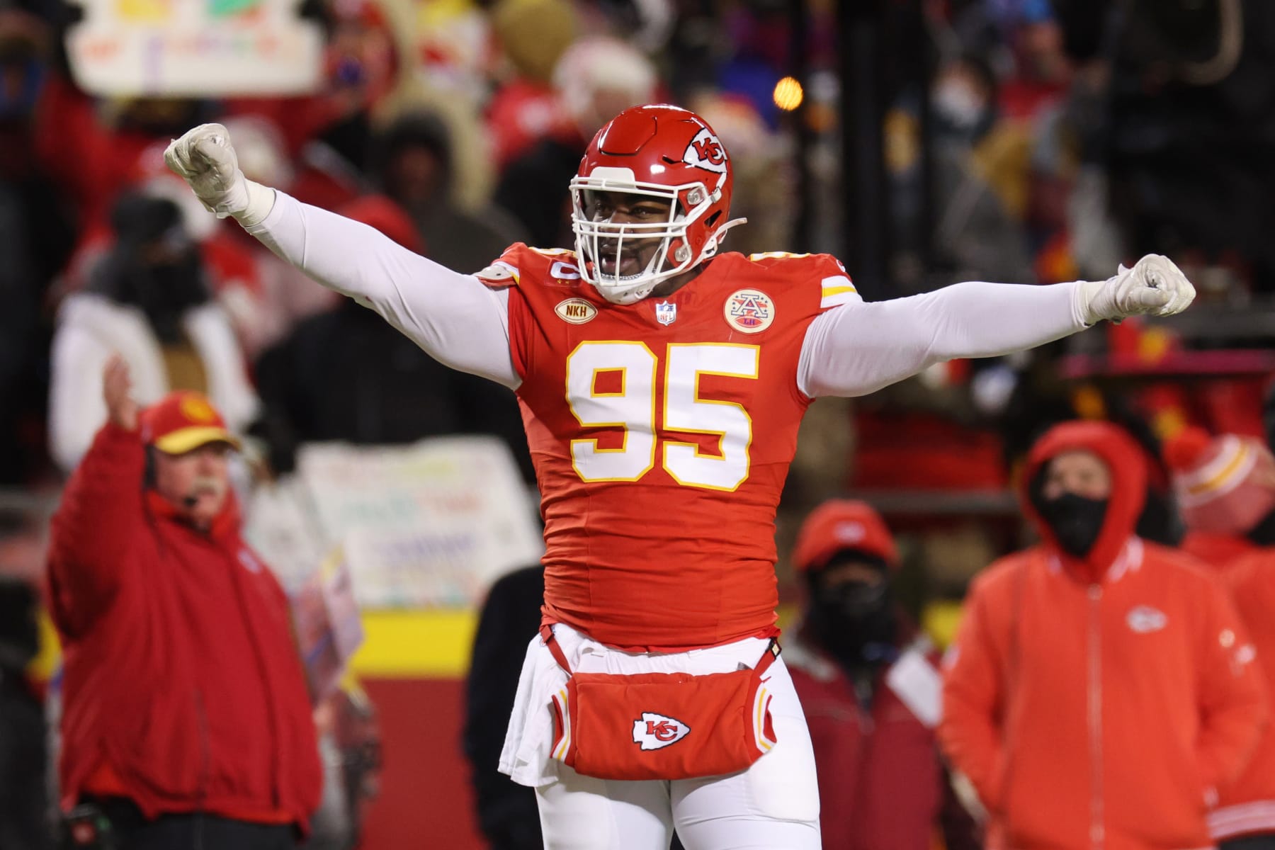 KANSAS CITY, MISSOURI - JANUARY 13: Chris Jones #95 of the Kansas City Chiefs celebrates a sack during the first half against the Miami Dolphins in the AFC Wild Card Playoffs at GEHA Field at Arrowhead Stadium on January 13, 2024 in Kansas City, Missouri. (Photo by Jamie Squire/Getty Images)