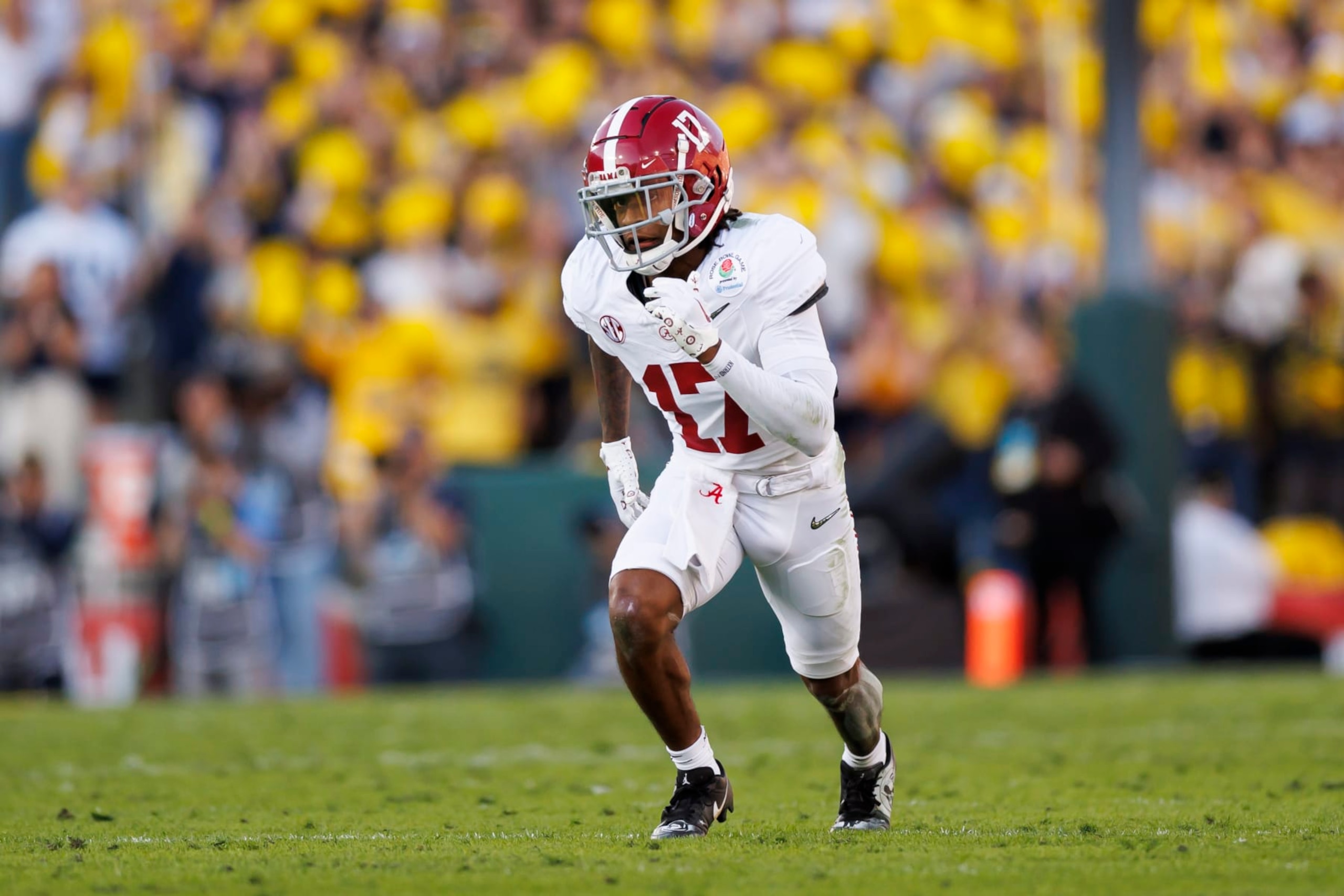 PASADENA, CALIFORNIA - JANUARY 01: Wide receiver Isaiah Bond #17 of the Alabama Crimson Tide runs a route during the CFP Semifinal Rose Bowl Game against the Michigan Wolverines at Rose Bowl Stadium on January 1, 2024 in Pasadena, California. (Photo by Ryan Kang/Getty Images)