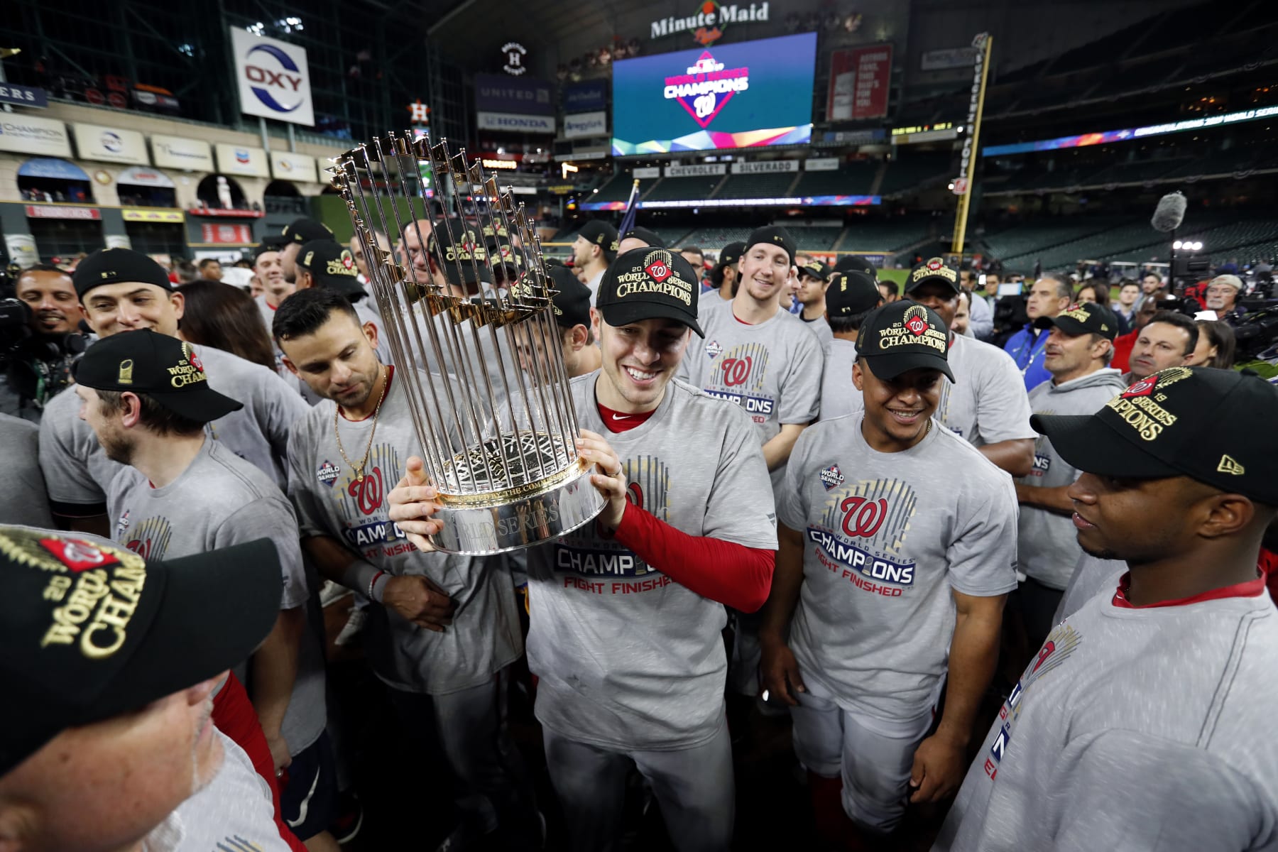 HOUSTON, TX - OCTOBER 30: Patrick Corbin #46 of the Washington Nationals celebrates with the Commissioner's Trophy after the Nationals defeated the Houston Astros in Game 7 to win the 2019 World Series at Minute Maid Park on Wednesday, October 30, 2019 in Houston, Texas. (Photo by Rob Tringali/MLB Photos via Getty Images) HOUSTON, TX - OCTOBER 30: Patrick Corbin #46 of the Washington Nationals celebrates with the Commissioner's Trophy after the Nationals defeated the Houston Astros in Game 7 to win the 2019 World Series at Minute Maid Park on Wednesday, October 30, 2019 in Houston, Texas. (Photo by Rob Tringali/MLB Photos via Getty Images)