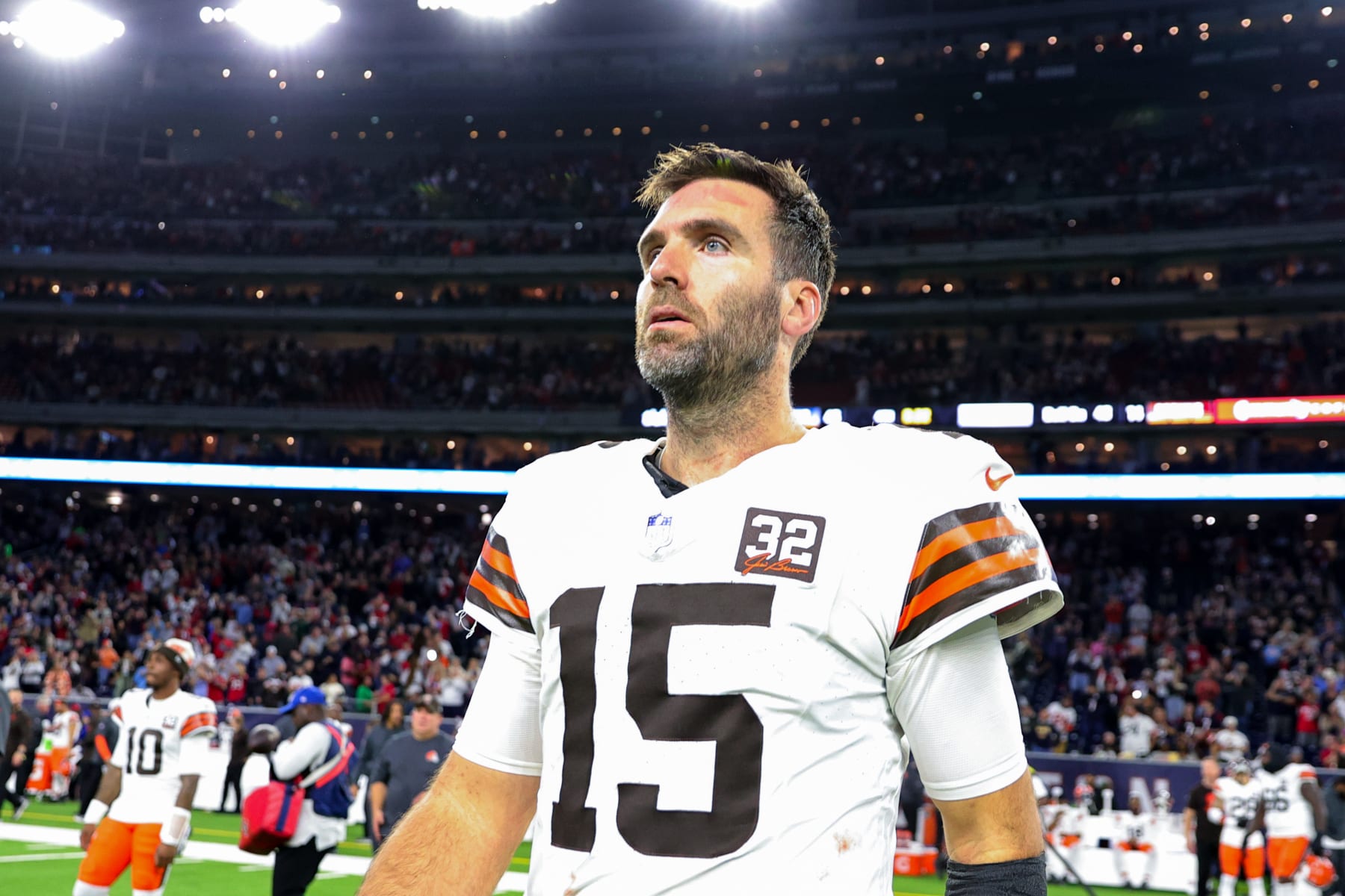 HOUSTON, TEXAS - JANUARY 13: Joe Flacco #15 of the Cleveland Browns walks off the field after the AFC Wild Card Playoffs against the Houston Texans at NRG Stadium on January 13, 2024 in Houston, Texas. (Photo by Carmen Mandato/Getty Images)
