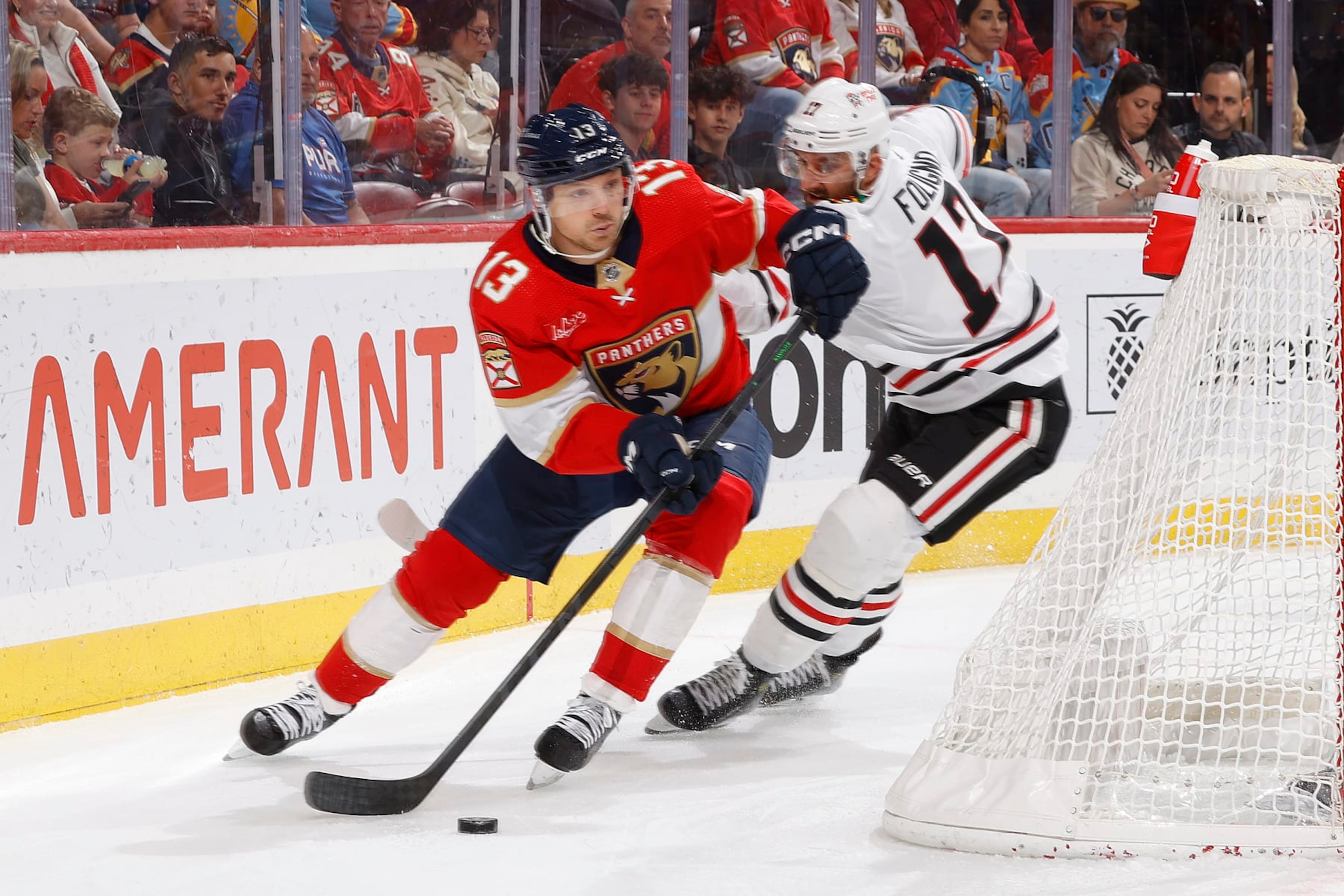 SUNRISE, FL - NOVEMBER 12: Nick Foligno #17 of the Chicago Blackhawks defends against Sam Reinhart #13 of the Florida Panthers during first period action at the Amerant Bank Arena on November 12, 2023 in Sunrise, Florida. (Photo by Joel Auerbach/Getty Images) SUNRISE, FL - NOVEMBER 12: Nick Foligno #17 of the Chicago Blackhawks defends against Sam Reinhart #13 of the Florida Panthers during first period action at the Amerant Bank Arena on November 12, 2023 in Sunrise, Florida. (Photo by Joel Auerbach/Getty Images)