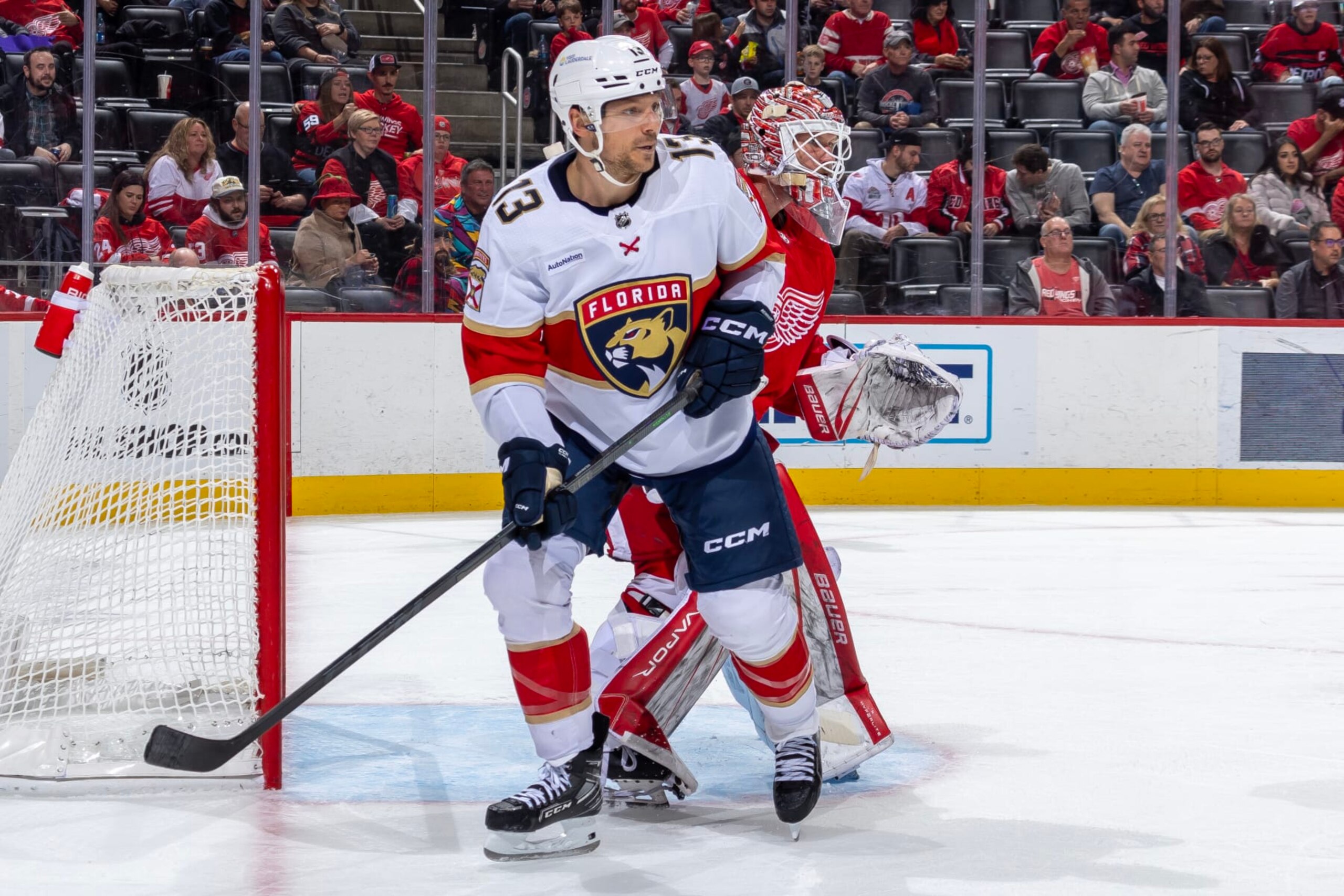 DETROIT, MI - NOVEMBER 02: Sam Reinhart #13 of the Florida Panthers follows the play next to James Reimer #47 of the Detroit Red Wings during the second period at Little Caesars Arena on November 2, 2023 in Detroit, Michigan. Florida defeated Detroit 2-0. (Photo by Dave Reginek/NHLI via Getty Images)