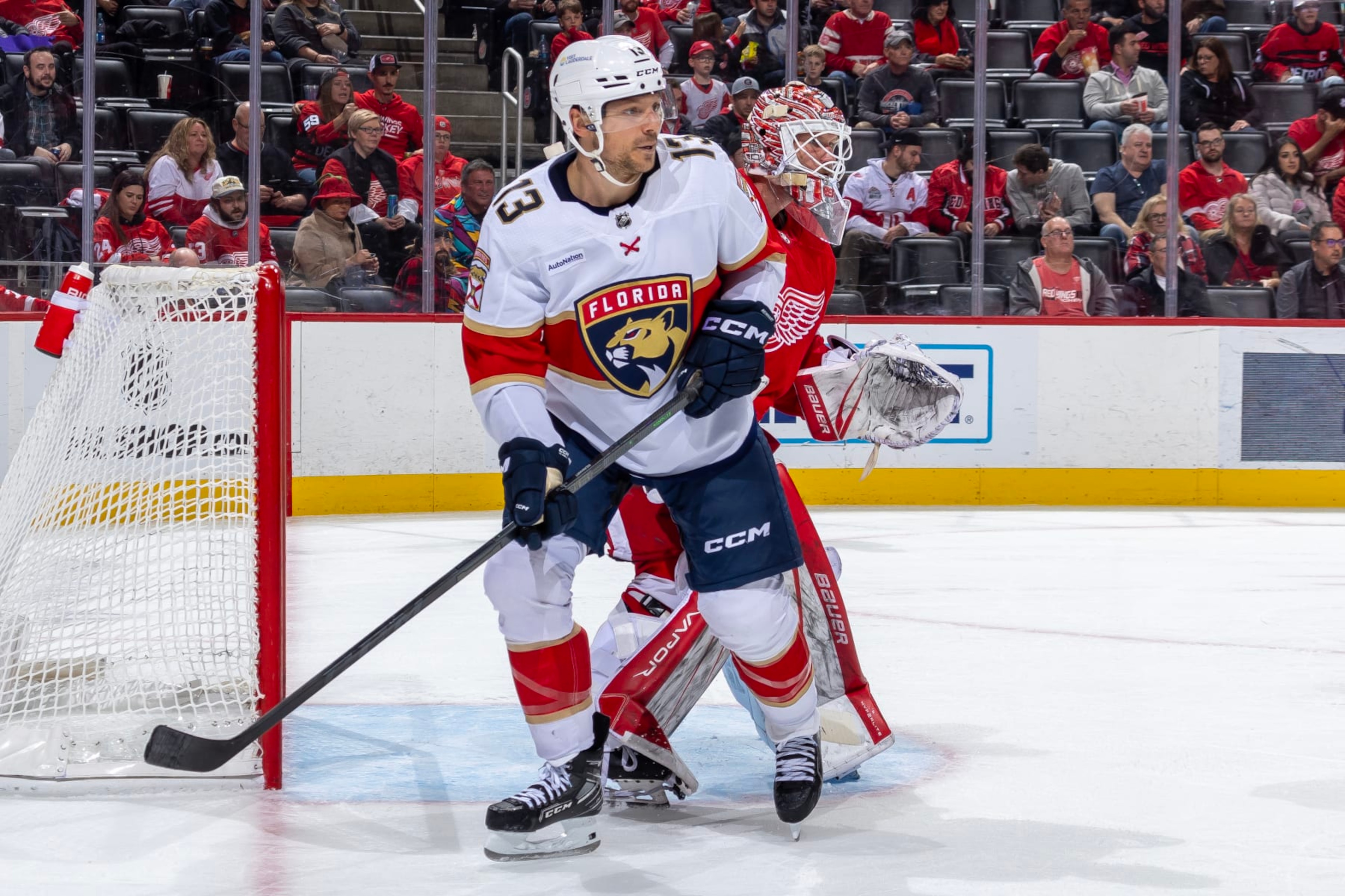 DETROIT, MI - NOVEMBER 02: Sam Reinhart #13 of the Florida Panthers follows the play next to James Reimer #47 of the Detroit Red Wings during the second period at Little Caesars Arena on November 2, 2023 in Detroit, Michigan. Florida defeated Detroit 2-0. (Photo by Dave Reginek/NHLI via Getty Images) DETROIT, MI - NOVEMBER 02: Sam Reinhart #13 of the Florida Panthers follows the play next to James Reimer #47 of the Detroit Red Wings during the second period at Little Caesars Arena on November 2, 2023 in Detroit, Michigan. Florida defeated Detroit 2-0. (Photo by Dave Reginek/NHLI via Getty Images)