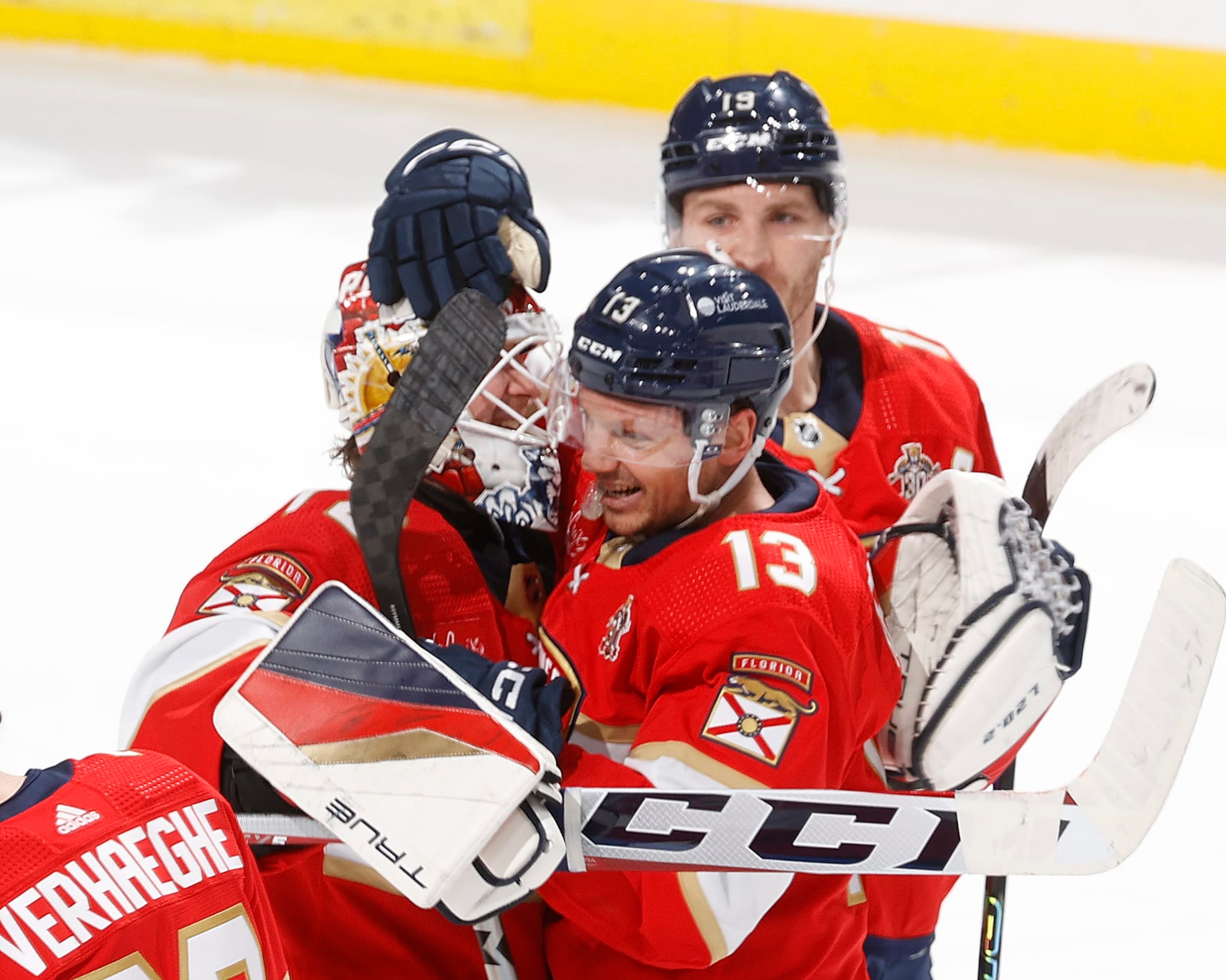 SUNRISE, FL - JANUARY 11: Sam Reinhart #13 of the Florida Panthers celebrates his overtime game-winning goal with goaltender Sergei Bobrovsky #72 against the Los Angeles Kings at the Amerant Bank Arena on January 11, 2024 in Sunrise, Florida. (Photo by Joel Auerbach/Getty Images)