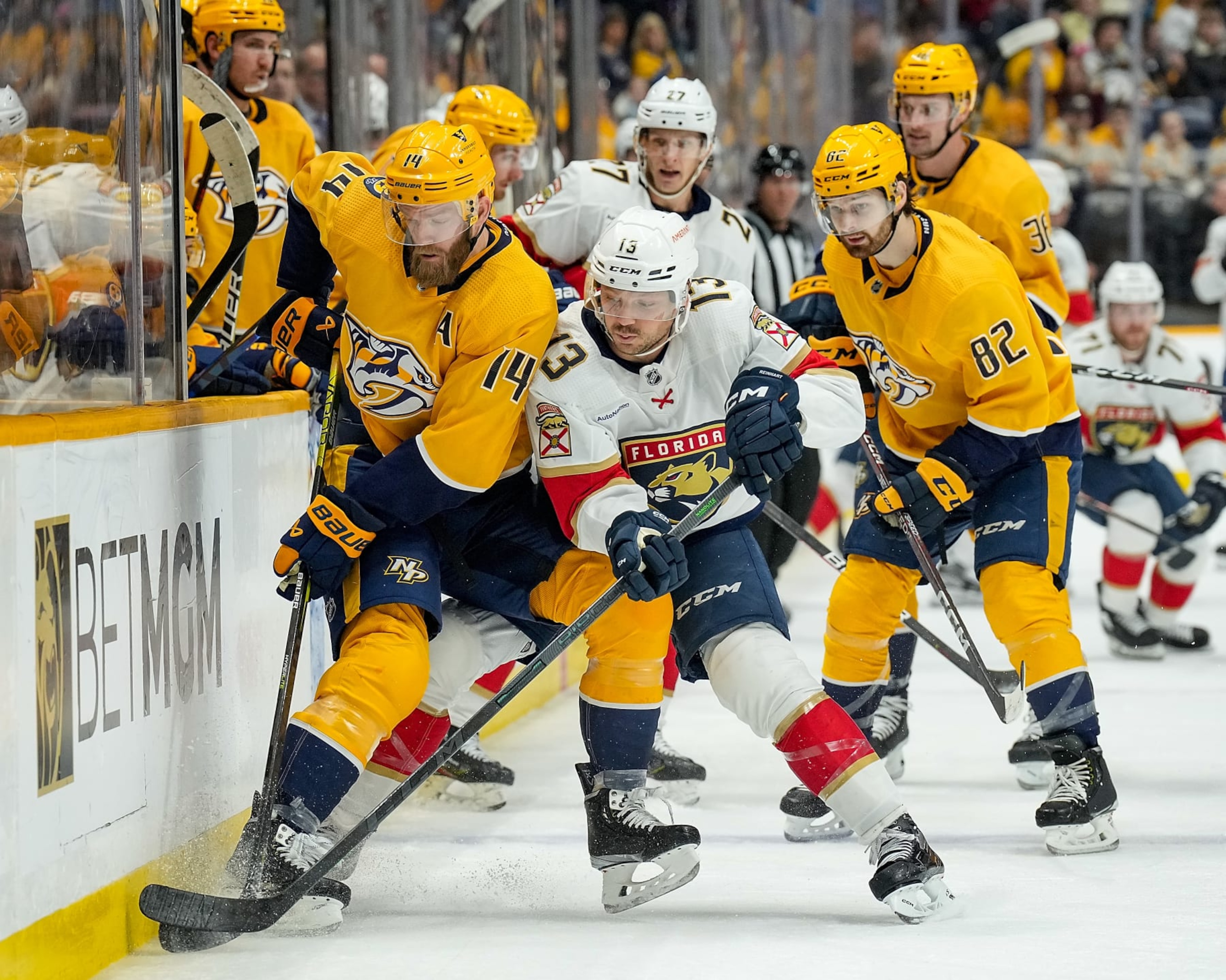 NASHVILLE, TENNESSEE - FEBRUARY 18: Sam Reinhart #13 of the Florida Panthers battles for the puck against Mattias Ekholm #14 of the Nashville Predators during an NHL game at Bridgestone Arena on February 18, 2023 in Nashville, Tennessee. (Photo by John Russell/NHLI via Getty Images) NASHVILLE, TENNESSEE - FEBRUARY 18: Sam Reinhart #13 of the Florida Panthers battles for the puck against Mattias Ekholm #14 of the Nashville Predators during an NHL game at Bridgestone Arena on February 18, 2023 in Nashville, Tennessee. (Photo by John Russell/NHLI via Getty Images)