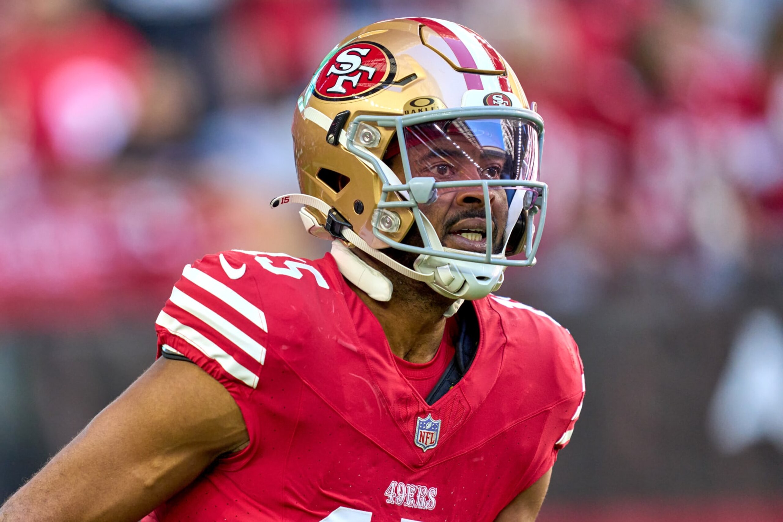 GLENDALE, ARIZONA - DECEMBER 17: Jauan Jennings #15 of the San Francisco 49ers looks on in action during a game between the San Francisco 49ers and the Arizona Cardinals at State Farm Stadium on December 17, 2023 in Glendale, Arizona. (Photo by Robin Alam/ISI Photos/Getty Images)