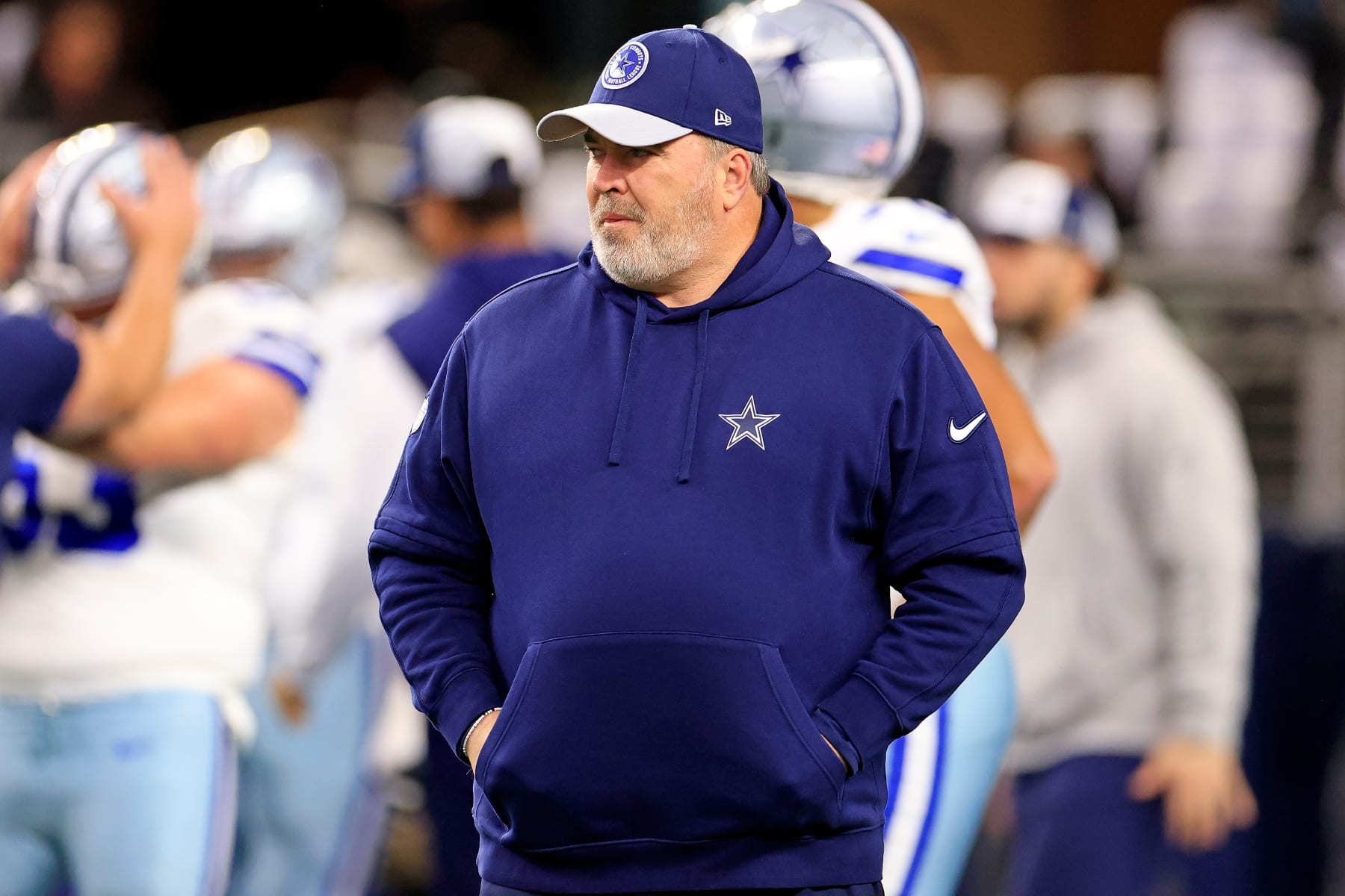 ARLINGTON, TEXAS - JANUARY 14: Head coach Mike McCarthy of the Dallas Cowboys watches action prior to the NFC Wild Card Playoff game against the Green Bay Packers at AT&T Stadium on January 14, 2024 in Arlington, Texas. (Photo by Ron Jenkins/Getty Images)