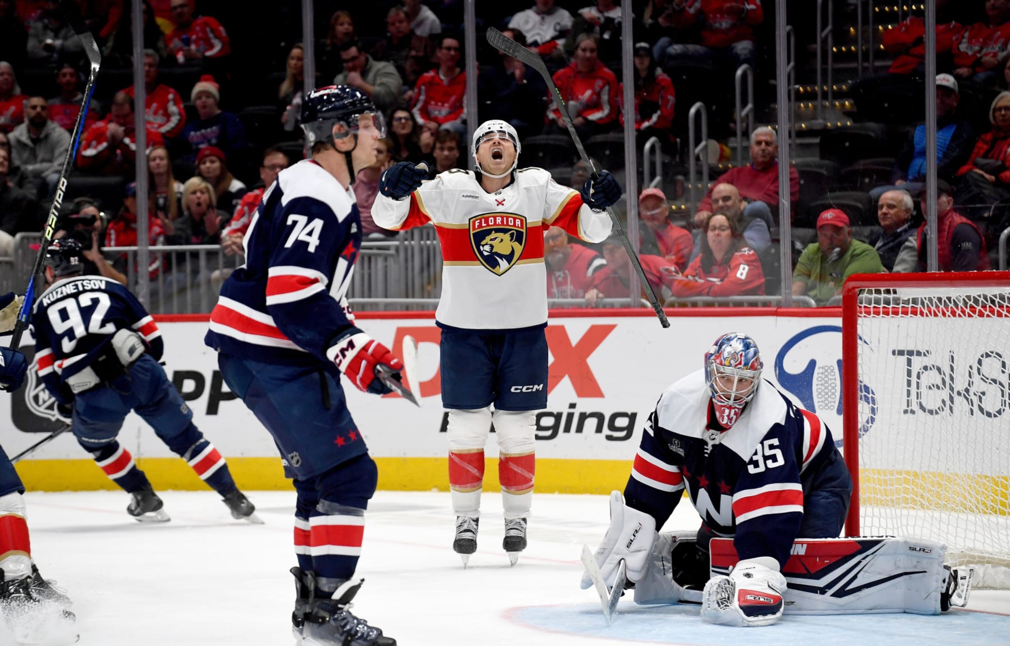 WASHINGTON, DC - NOVEMBER 08: Panthers center Sam Reinhart (13) celebrates after his game-winning goal in overtime past Capitals goalie Darcy Kuemper (35) during the Florida Panthers versus Washington Capitals National Hockey League game on November 8, 2023 at Capital One Arena in Washington, D.C.. (Photo by Randy Litzinger/Icon Sportswire via Getty Images) WASHINGTON, DC - NOVEMBER 08: Panthers center Sam Reinhart (13) celebrates after his game-winning goal in overtime past Capitals goalie Darcy Kuemper (35) during the Florida Panthers versus Washington Capitals National Hockey League game on November 8, 2023 at Capital One Arena in Washington, D.C.. (Photo by Randy Litzinger/Icon Sportswire via Getty Images)