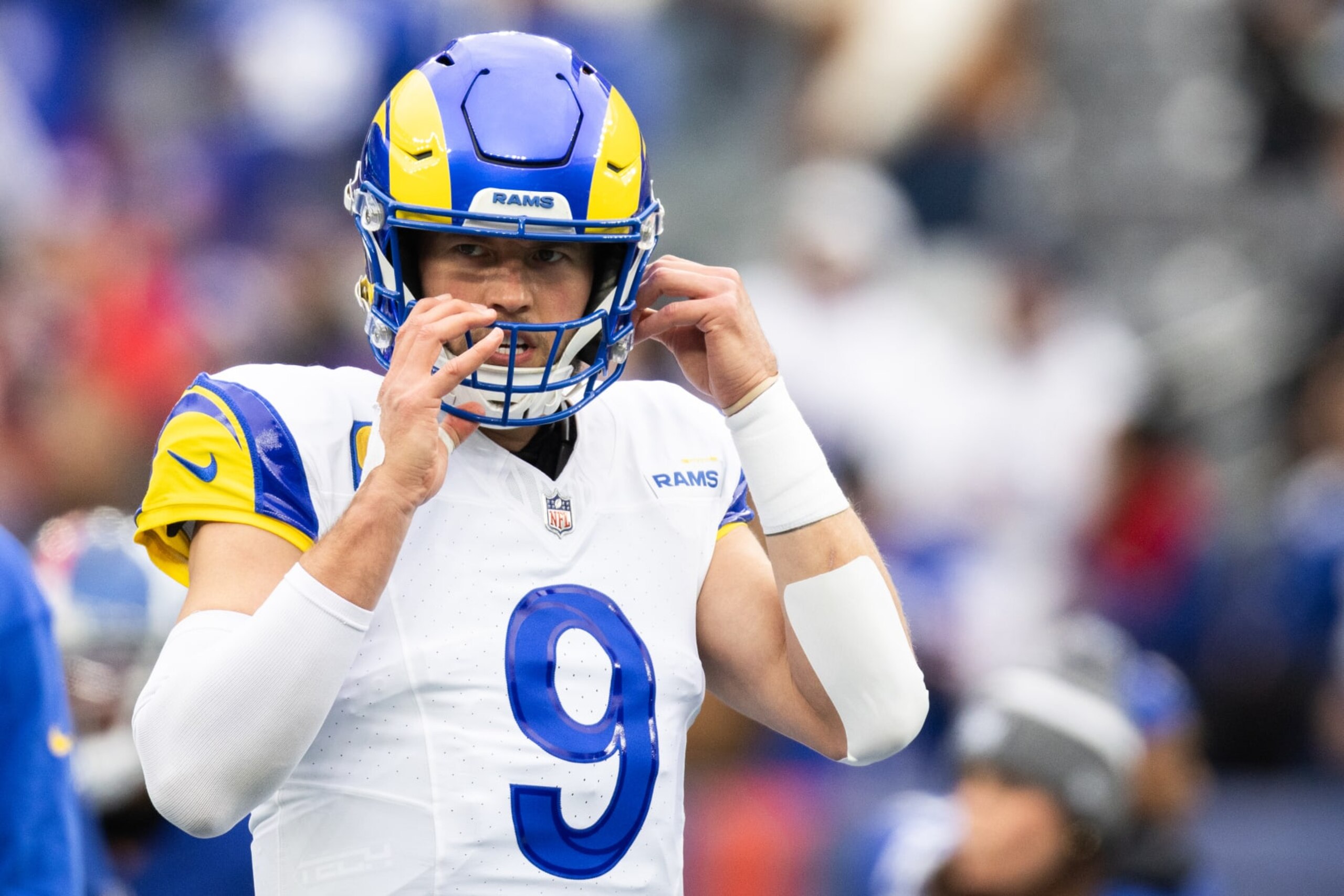EAST RUTHERFORD, NEW JERSEY - DECEMBER 31: Matthew Stafford #9 of the Los Angeles Rams looks on before the game against the New York Giants at MetLife Stadium on December 31, 2023 in East Rutherford, New Jersey. (Photo by Dustin Satloff/Getty Images) EAST RUTHERFORD, NEW JERSEY - DECEMBER 31: Matthew Stafford #9 of the Los Angeles Rams looks on before the game against the New York Giants at MetLife Stadium on December 31, 2023 in East Rutherford, New Jersey. (Photo by Dustin Satloff/Getty Images)