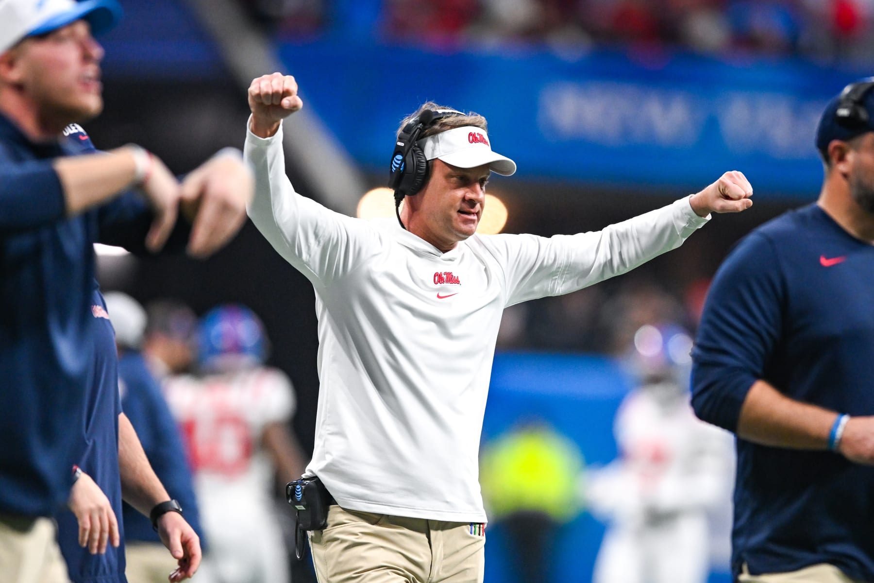 ATLANTA, GA  DECEMBER 30:  Ole Miss head coach Lane Kiffin reacts during the Chick-fil-A Peach Bowl game between the Ole Miss Rebels and the Penn State Nittany Lions on December 30th, 2023 at Mercedes-Benz Stadium in Atlanta, GA.  (Photo by Rich von Biberstein/Icon Sportswire via Getty Images)