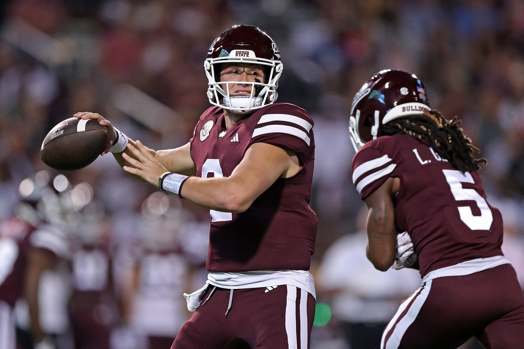 STARKVILLE, MISSISSIPPI - SEPTEMBER 30: Will Rogers #2 of the Mississippi State Bulldogs looks to pass during the first half against the Alabama Crimson Tide at Davis Wade Stadium on September 30, 2023 in Starkville, Mississippi. (Photo by Justin Ford/Getty Images)