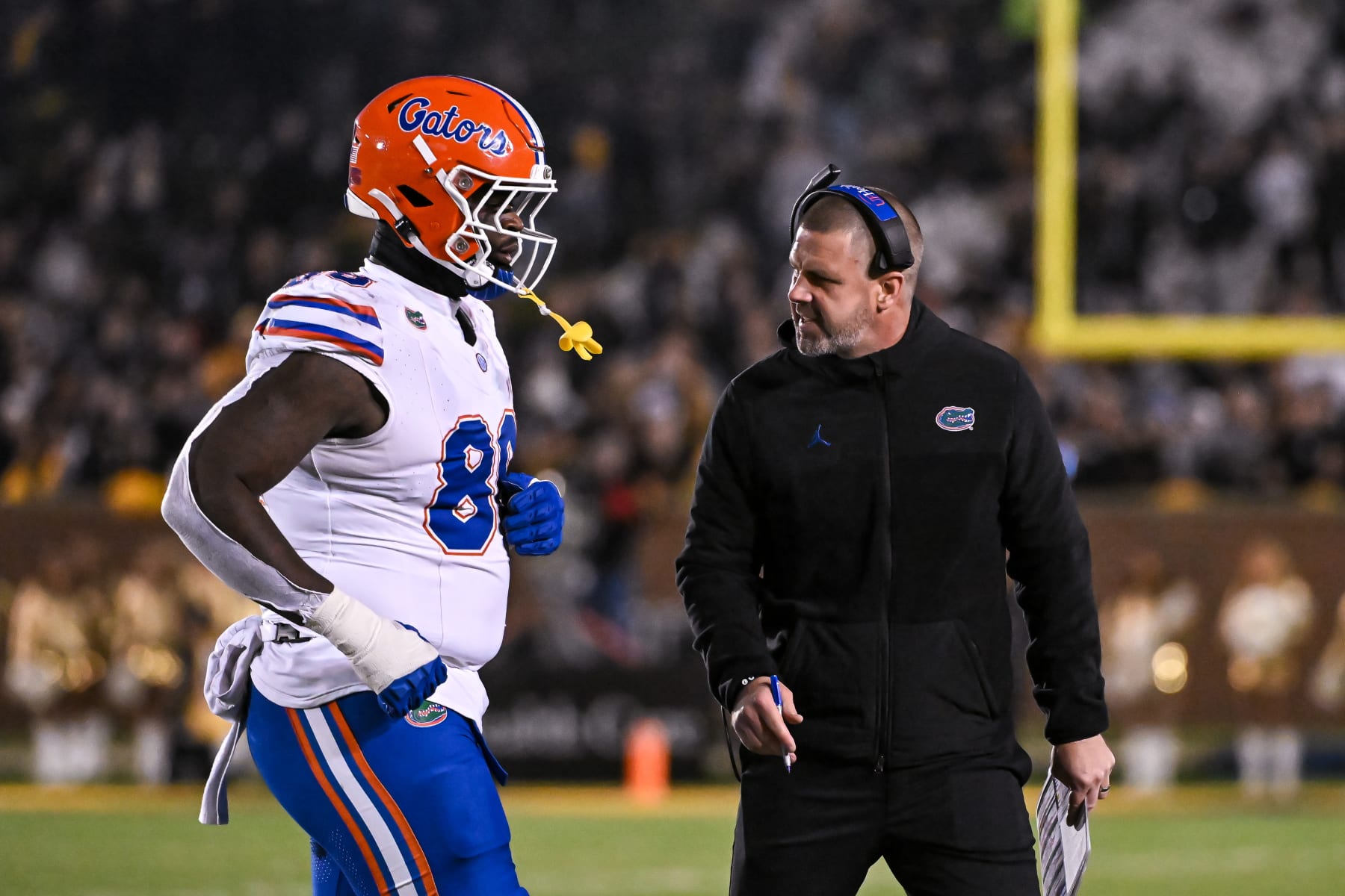 COLUMBIA, MO - NOVEMBER 18: Florida Gators head coach Billy Napier has a few words with Florida Gators wide receiver Marcus Burke (88) who false started during a late game drive during a SEC conference game between the Florida Gators and the Missouri Tigers held on Saturday Nov 18, 2023 at Faurot Field at Memorial Stadium in Columbia MO. (Photo by Rick Ulreich/Icon Sportswire via Getty Images
