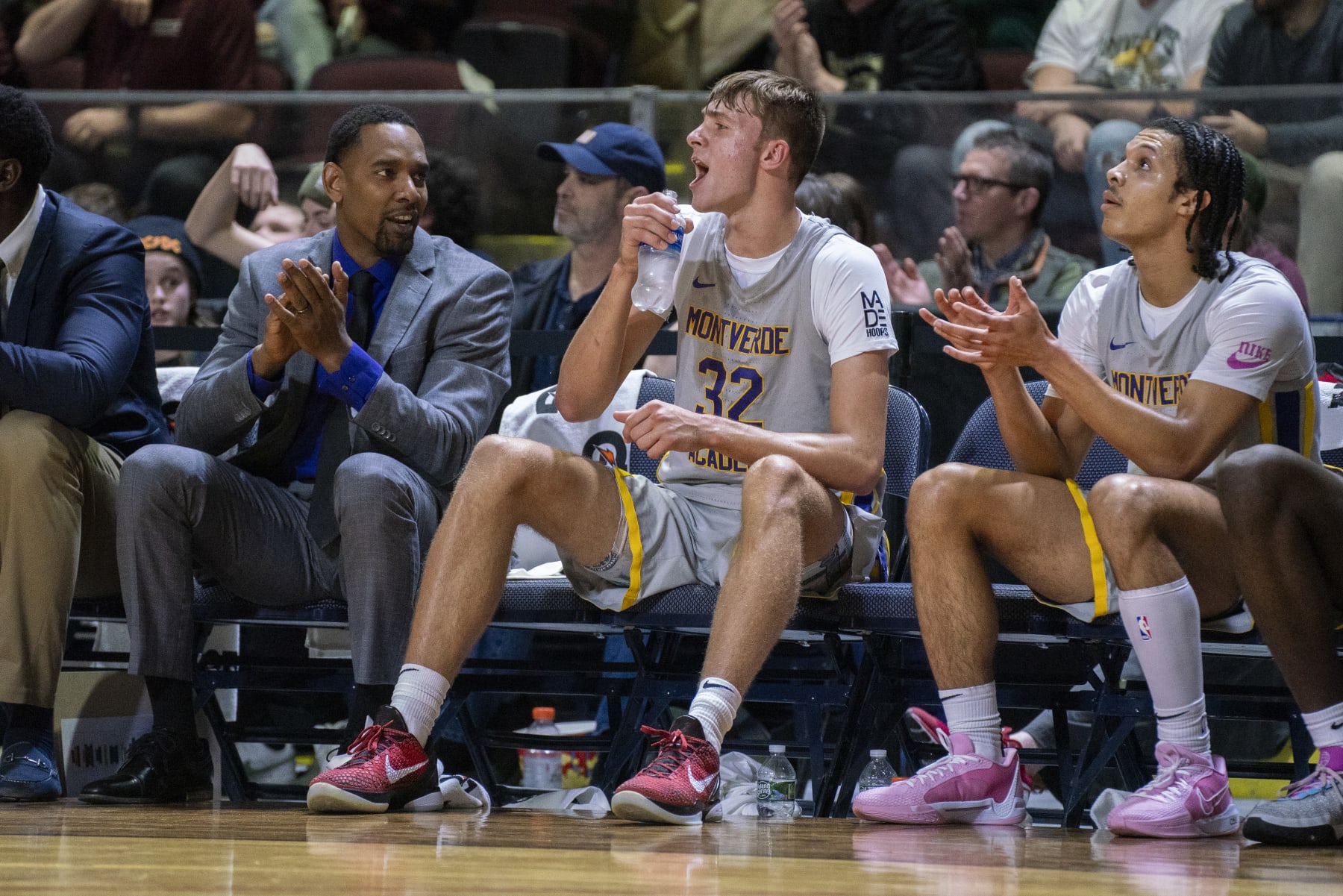 PORTLAND, MAINE - JANUARY 5: Cooper Flagg, center, cheers on his Montverde Academy teammates from the bench during the team's game against Gonzaga College High School at the Cross Insurance Arena in Portland, Maine, on January 5, 2024. Montverde Academy beat Gonzaga College High School 93-51. (Photo by Andrew Dickinson for The Washington Post via Getty Images)