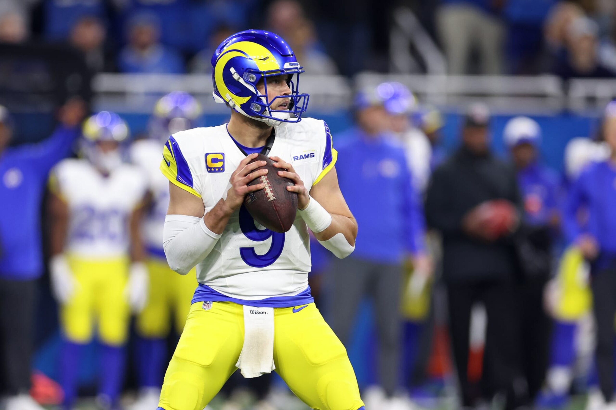 DETROIT, MICHIGAN - JANUARY 14: Matthew Stafford #9 of the Los Angeles Rams looks to throw the ball during the first quarter against the Detroit Lions in the NFC Wild Card Playoffs at Ford Field on January 14, 2024 in Detroit, Michigan. (Photo by Gregory Shamus/Getty Images) DETROIT, MICHIGAN - JANUARY 14: Matthew Stafford #9 of the Los Angeles Rams looks to throw the ball during the first quarter against the Detroit Lions in the NFC Wild Card Playoffs at Ford Field on January 14, 2024 in Detroit, Michigan. (Photo by Gregory Shamus/Getty Images)