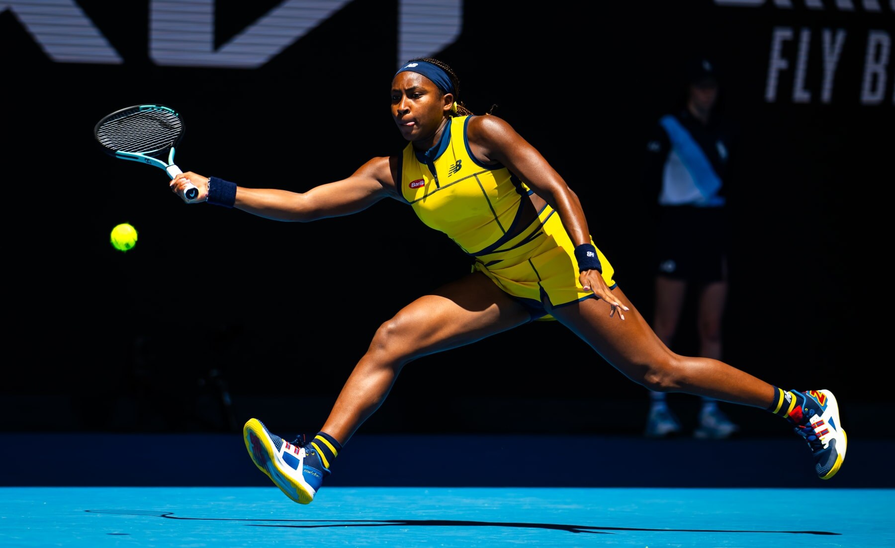 MELBOURNE, AUSTRALIA - JANUARY 15: Coco Gauff of the United States in action against Anna Karolina Schmiedlova of Slovakia in the first round on Day 2 of the 2024 Australian Open at Melbourne Park on January 15, 2024 in Melbourne, Australia (Photo by Robert Prange/Getty Images)