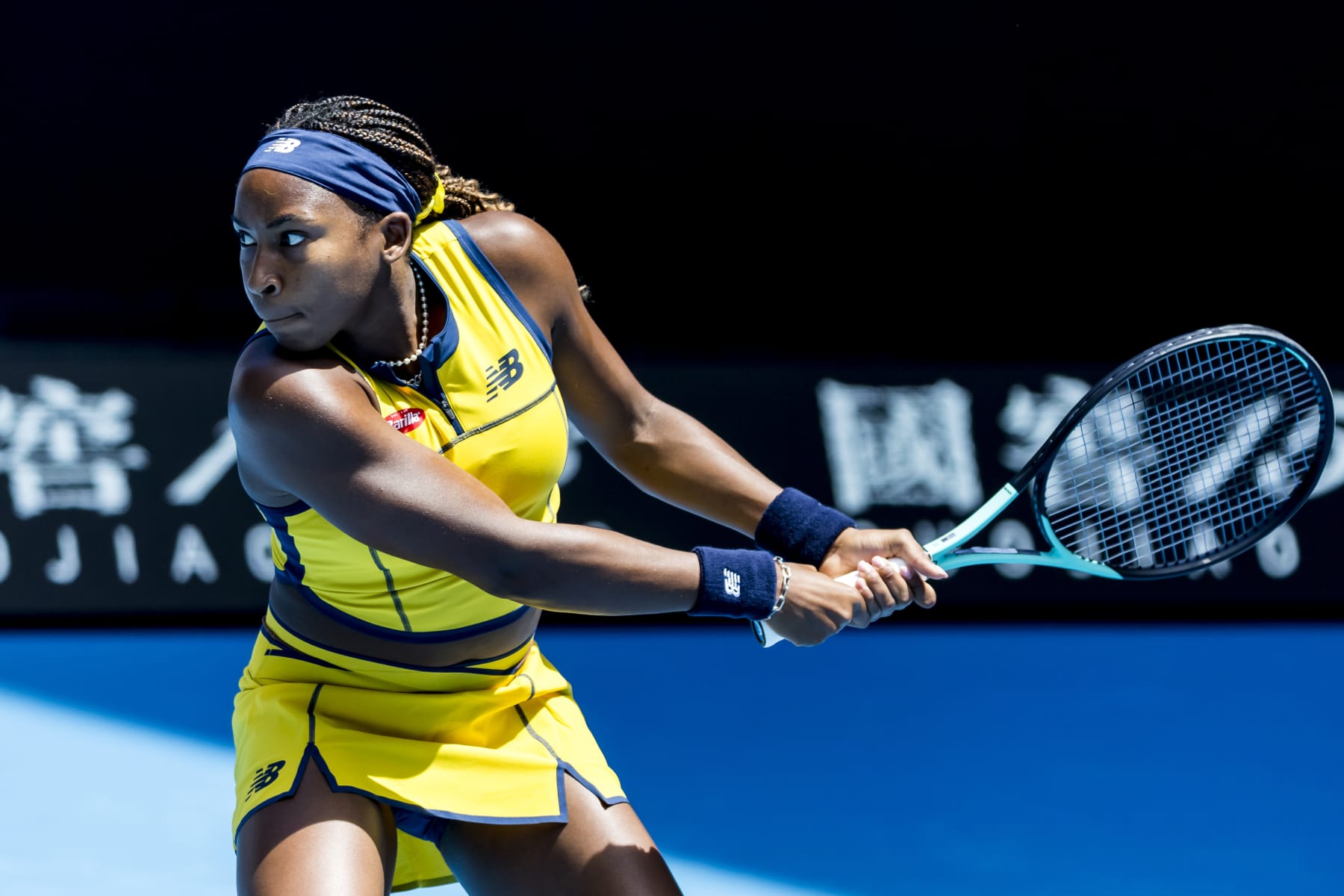 MELBOURNE, VIC - JANUARY 15: Coco Gauff of the United States of America in action during Round 1 of the 2024 Australian Open on January 15 2024, at Melbourne Park in Melbourne, Australia. (Photo by Jason Heidrich/Icon Sportswire via Getty Images)