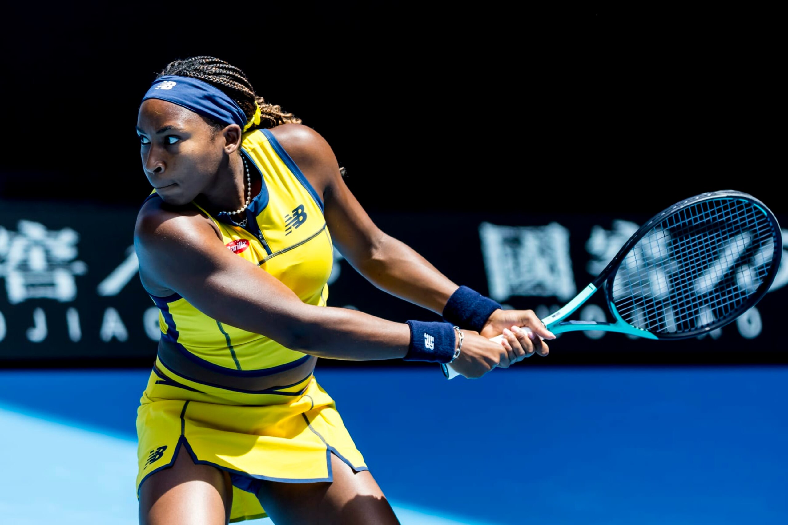 MELBOURNE, VIC - JANUARY 15: Coco Gauff of the United States of America in action during Round 1 of the 2024 Australian Open on January 15 2024, at Melbourne Park in Melbourne, Australia. (Photo by Jason Heidrich/Icon Sportswire via Getty Images)