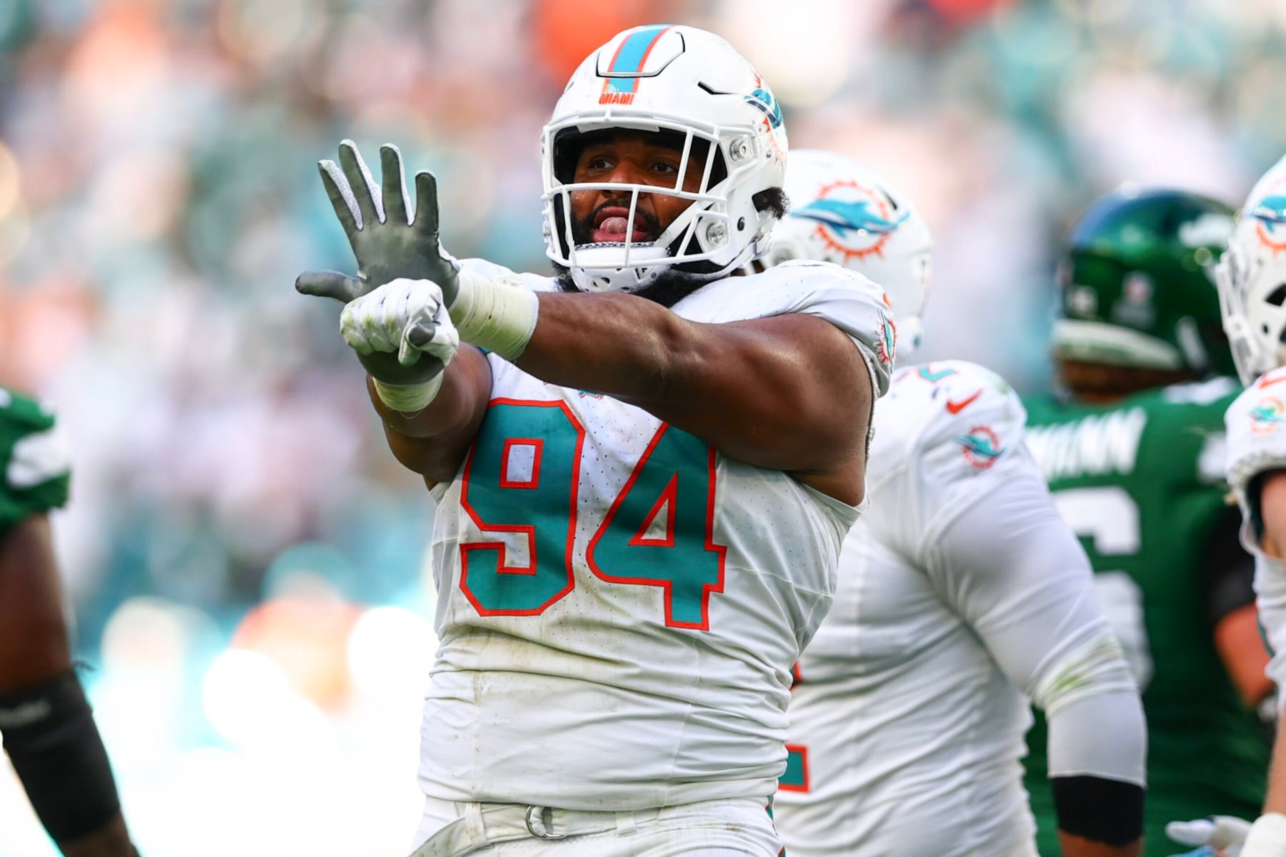 MIAMI GARDENS, FLORIDA - DECEMBER 17: Christian Wilkins #94 of the Miami Dolphins reacts during the second quarter against the New York Jets at Hard Rock Stadium on December 17, 2023 in Miami Gardens, Florida. (Photo by Megan Briggs/Getty Images)