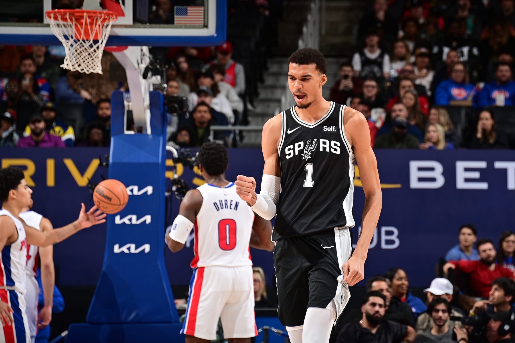 DETROIT, MI - JANUARY 10: Victor Wembanyama #1 of the San Antonio Spurs reacts during the game against the Detroit Pistons on January 10, 2024 at Little Caesars Arena in Detroit, Michigan. NOTE TO USER: User expressly acknowledges and agrees that, by downloading and/or using this photograph, User is consenting to the terms and conditions of the Getty Images License Agreement. Mandatory Copyright Notice: Copyright 2024 NBAE (Photo by Chris Schwegler/NBAE via Getty Images)