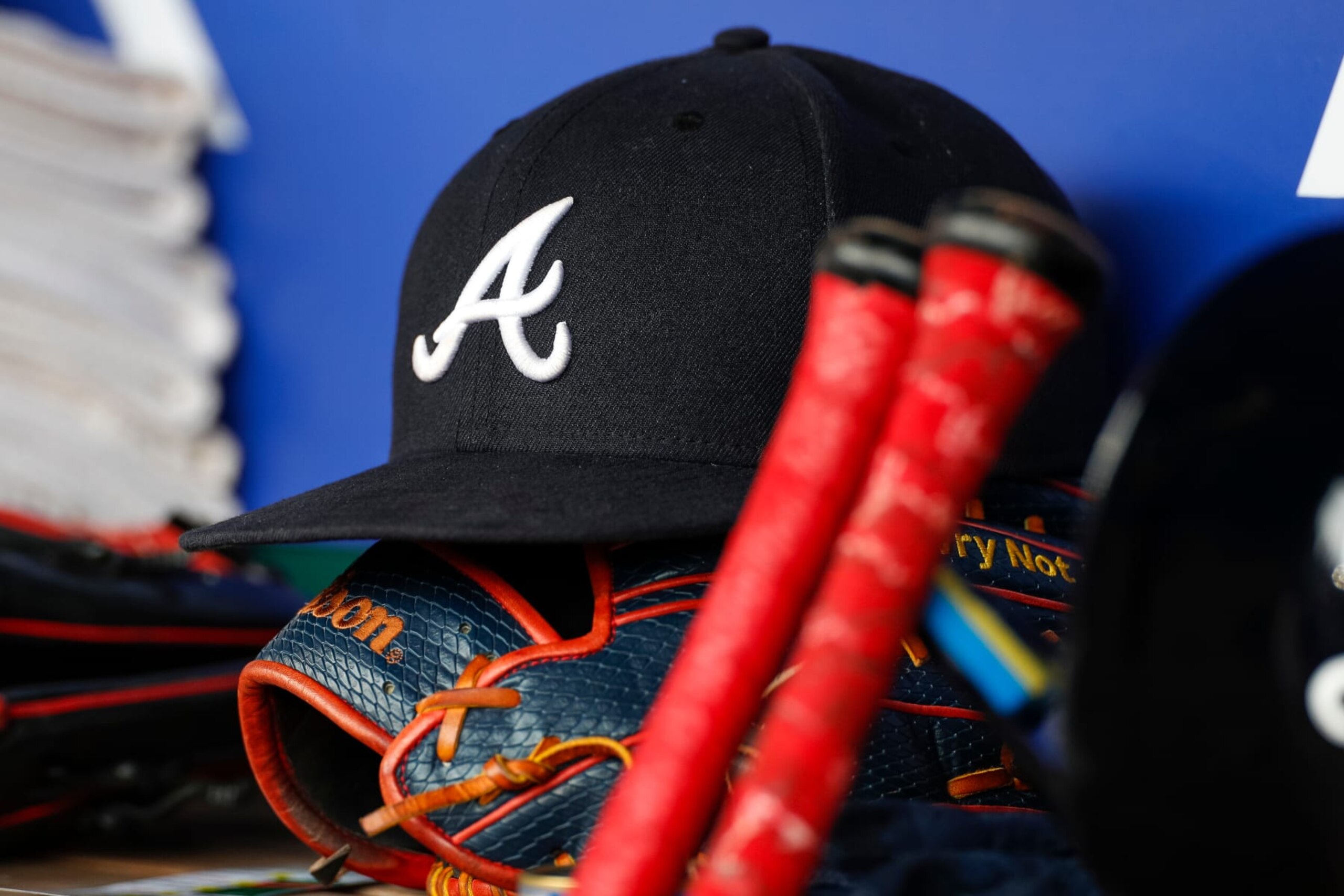 WASHINGTON, DC - SEPTEMBER 24: The Atlanta Braves logo on a hat in the dugout in the first inning during game one of a doubleheader against the Washington Nationals at Nationals Park on September 24, 2023 in Washington, DC. (Photo by Brandon Sloter/Image Of Sport/Getty Images)