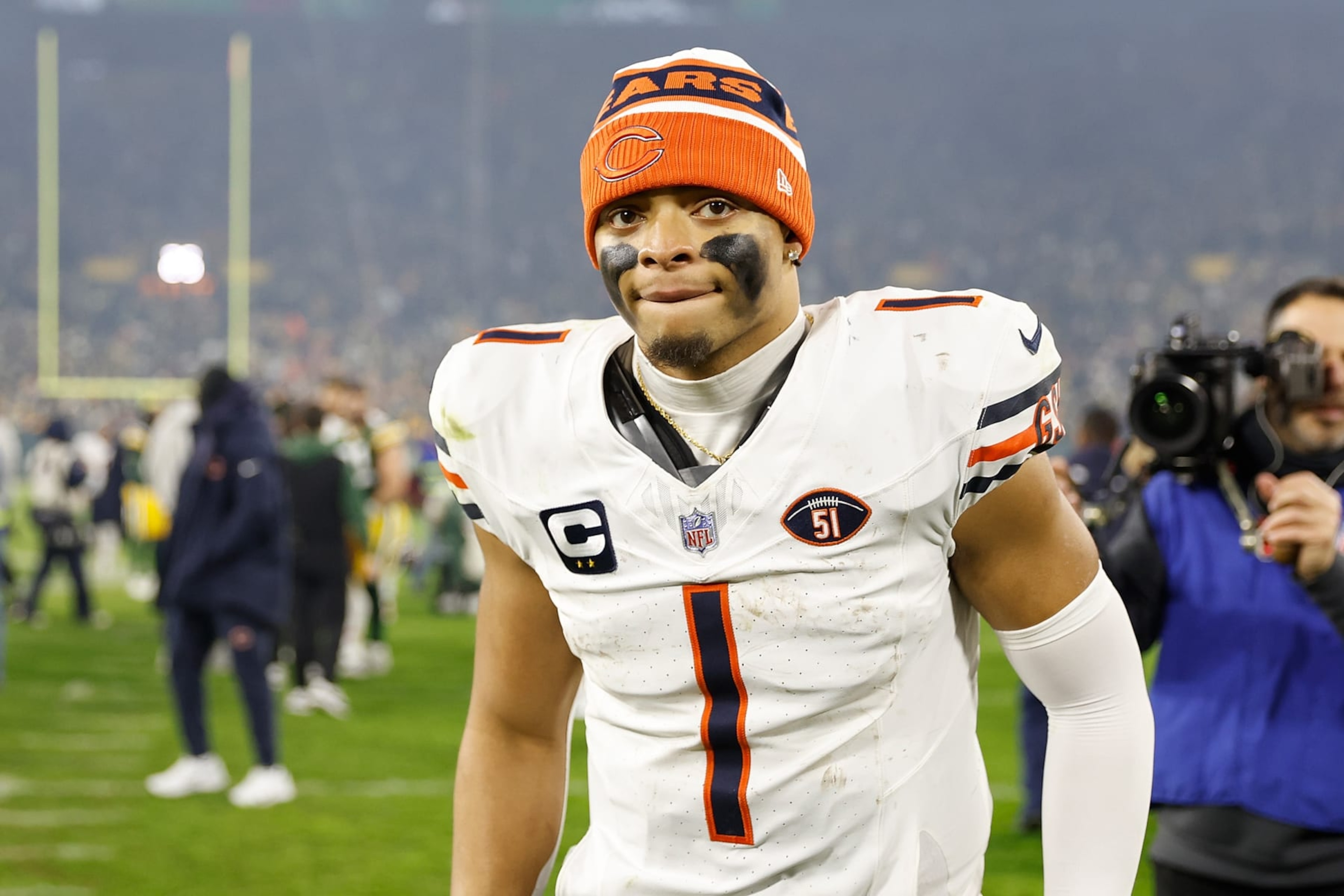 GREEN BAY, WISCONSIN - JANUARY 07: Justin Fields #1 of the Chicago Bears looks on after the game against the Green Bay Packers at Lambeau Field on January 07, 2024 in Green Bay, Wisconsin. (Photo by John Fisher/Getty Images) GREEN BAY, WISCONSIN - JANUARY 07: Justin Fields #1 of the Chicago Bears looks on after the game against the Green Bay Packers at Lambeau Field on January 07, 2024 in Green Bay, Wisconsin. (Photo by John Fisher/Getty Images)