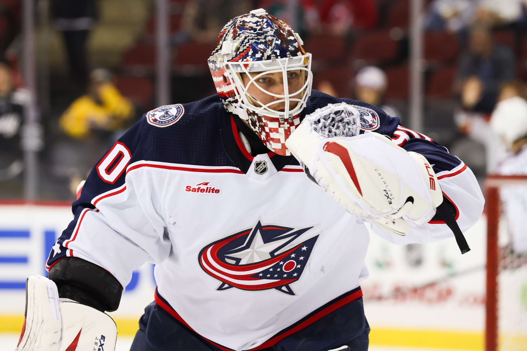 NEWARK, NJ - DECEMBER 27: Columbus Blue Jackets goaltender Elvis Merzlikins (90) skates during warmups before a game between the Columbus Blue Jackets and New Jersey Devils on December 27, 2023 at Prudential Center in the Newark, New Jersey. (Photo by Andrew Mordzynski/Icon Sportswire via Getty Images)