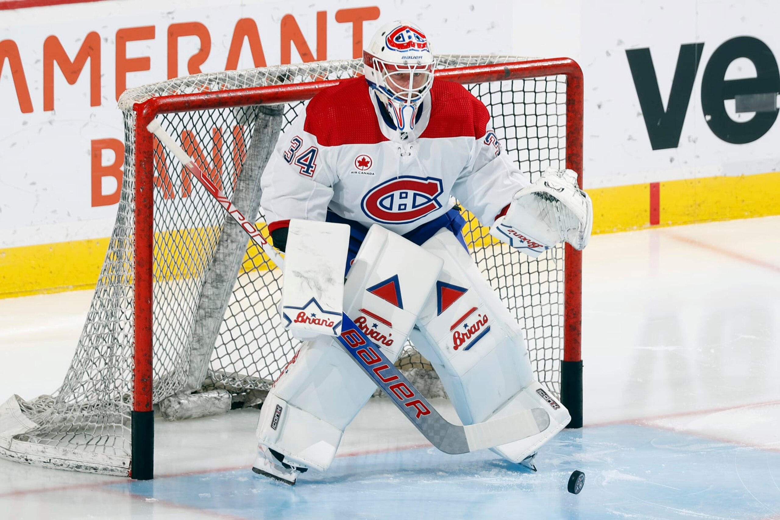 SUNRISE, FLORIDA - DECEMBER 30: Goaltender Jake Allen #34 of the Montreal Canadiens warms up prior to the game against the Florida Panthers at the Amerant Bank Arena on December 30, 2023 in Sunrise, Florida. (Photo by Joel Auerbach/NHLI via Getty Images)