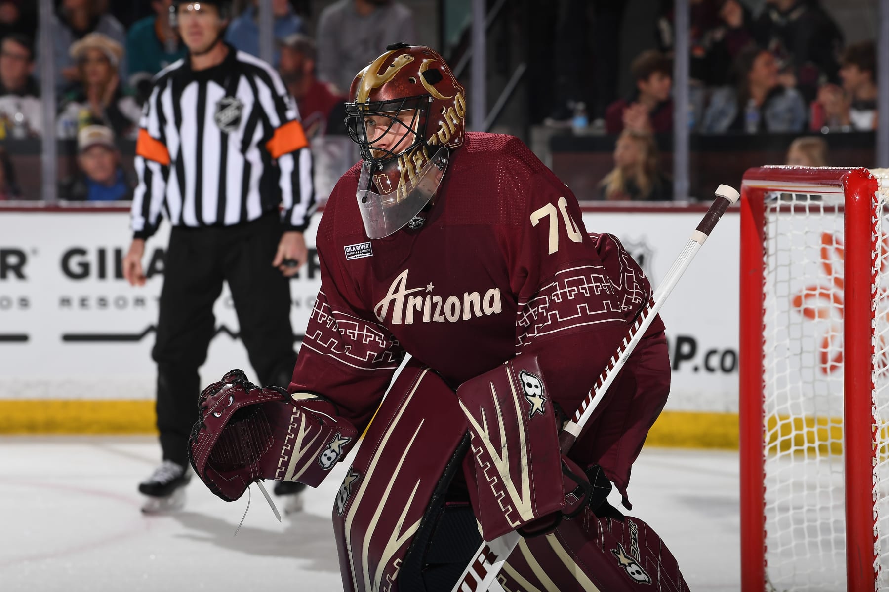 TEMPE, ARIZONA - JANUARY 07: Karel Vejmelka #70 of the Arizona Coyotes gets ready to make a save against the Winnipeg Jets at Mullett Arena on January 07, 2024 in Tempe, Arizona. (Photo by Norm Hall/NHLI via Getty Images)