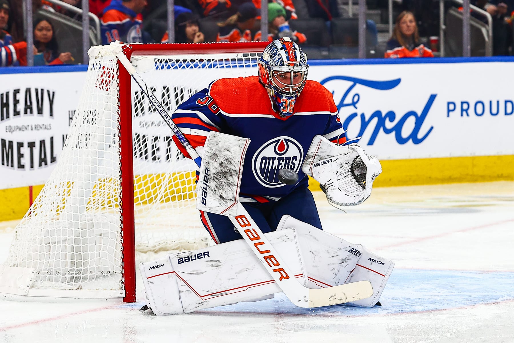 EDMONTON, AB - NOVEMBER 04: Edmonton Oilers Goalie Jack Campbell (36) makes a save in the second period of the Edmonton Oilers game versus the Nashville Predators on November 4, 2023 at Rogers Place in Edmonton, AB. (Photo by Curtis Comeau/Icon Sportswire via Getty Images)