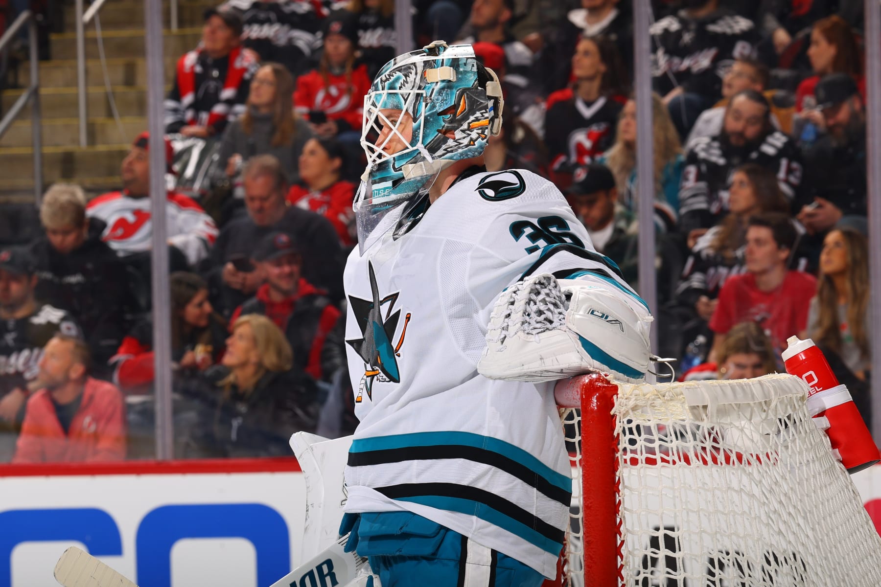 NEWARK, NJ - DECEMBER 01: Kaapo Kahkonen #36 of the San Jose Sharks defends his net in the first period of the game against the New Jersey Devils at the Prudential Center on December 1, 2023 in Newark, New Jersey.  (Photo by Rich Graessle/NHLI via Getty Images)