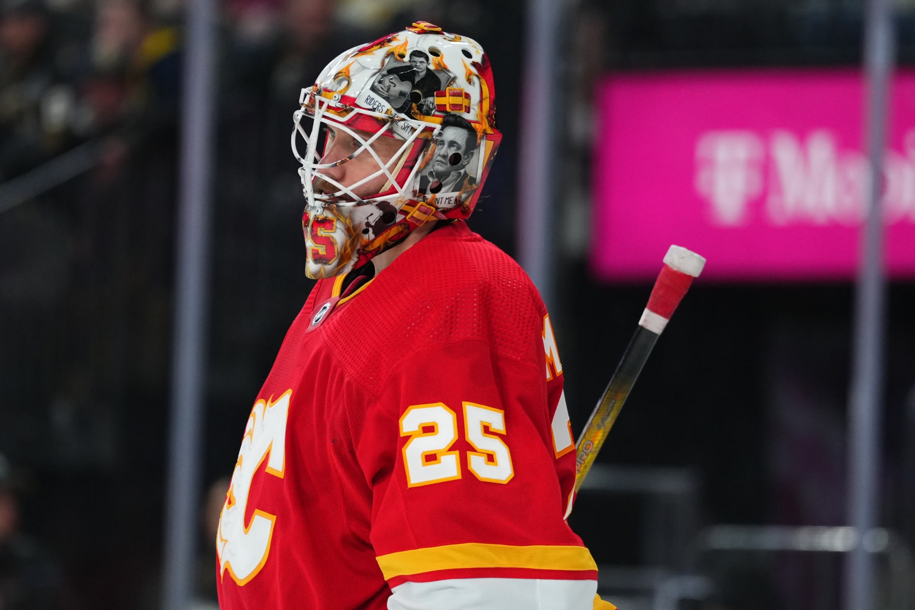 LAS VEGAS, NEVADA - JANUARY 13: Jacob Markstrom #25 of the Calgary Flames looks on during the third period against the Vegas Golden Knights at T-Mobile Arena on January 13, 2024 in Las Vegas, Nevada. (Photo by Jeff Bottari/NHLI via Getty Images)