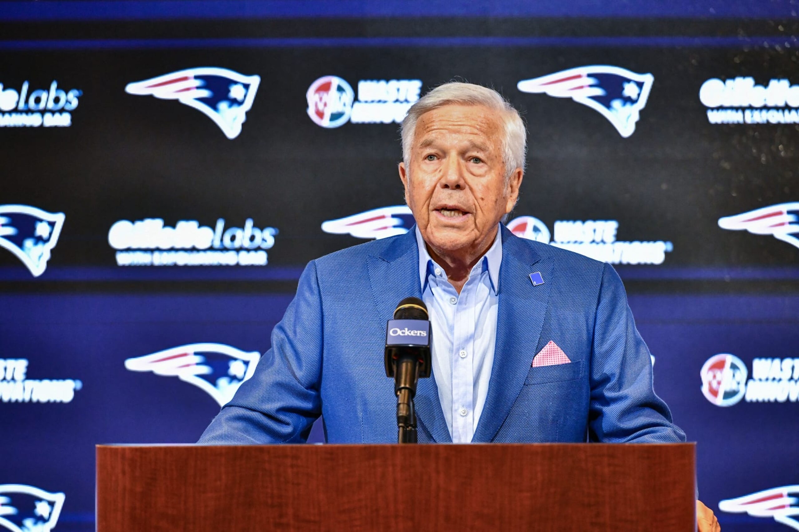 CORRECTION / New England Patriots owner Robert Kraft speaks to the press at Gillette Stadium in Foxborough, Massachusetts, on January 11, 2024. Belichick, the NFL mastermind who has guided the New England Patriots to a record six Super Bowl titles as head coach, is parting ways with the team after 24 seasons, according to multiple US media reports on Thursday. (Photo by Joseph Prezioso / AFP) / "The erroneous mention[s] appearing in the metadata of this photo by Joseph Prezioso has been modified in AFP systems in the following manner: [Robert Kraft] instead of [Bill Belichick]. Please immediately remove the erroneous mention[s] from all your online services and delete it (them) from your servers. If you have been authorized by AFP to distribute it (them) to third parties, please ensure that the same actions are carried out by them. Failure to promptly comply with these instructions will entail liability on your part for any continued or post notification usage. Therefore we thank you very much for all your attention and prompt action. We are sorry for the inconvenience this notification may cause and remain at your disposal for any further information you may require." (Photo by JOSEPH PREZIOSO/AFP via Getty Images)