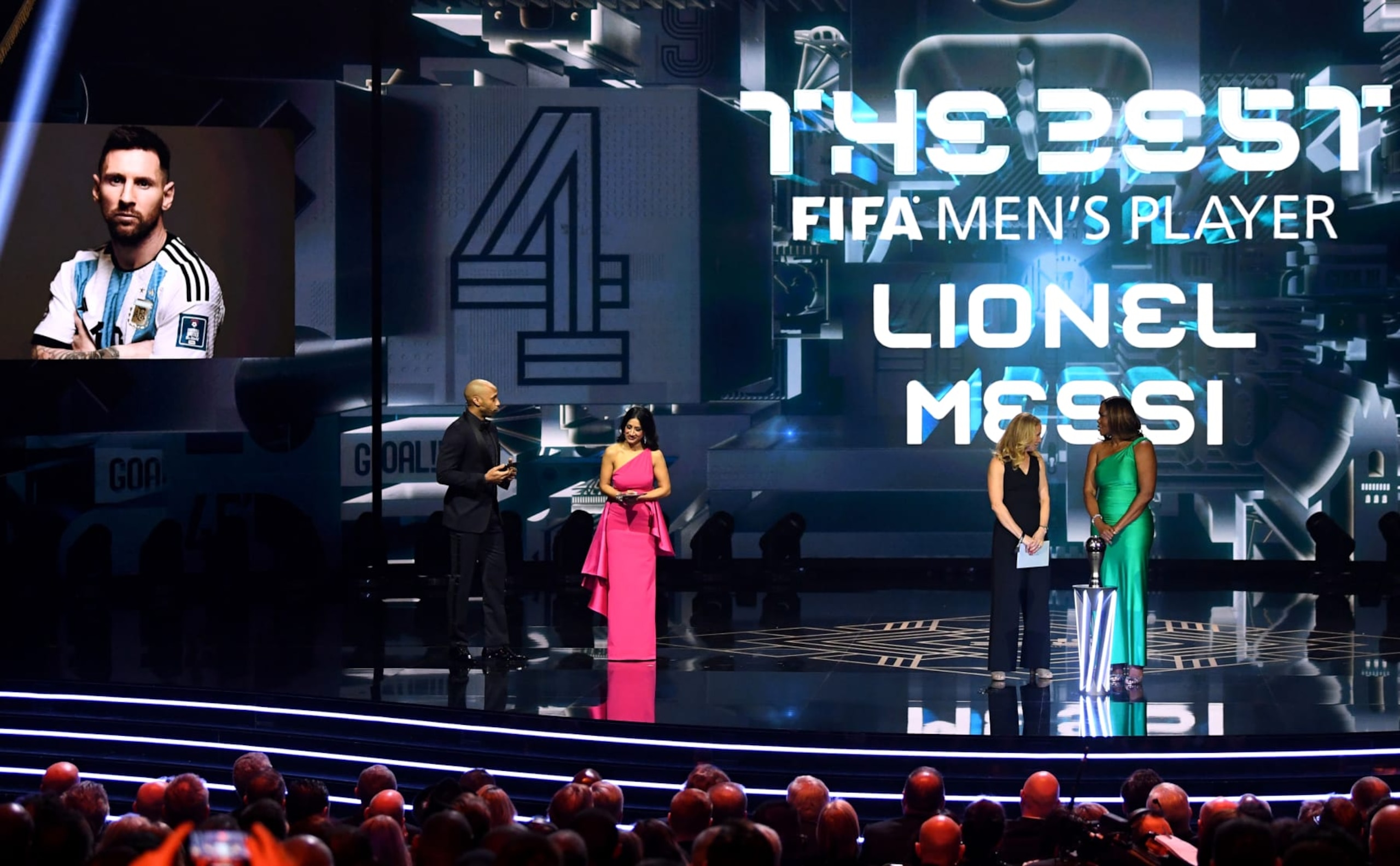 LONDON, ENGLAND - JANUARY 15: Lionel Messi is announced as the winner of the FIFA Best Men's Award during the The Best FIFA Football Awards 2023 at The Apollo Theatre on January 15, 2024 in London, England. (Photo by Joe Maher - FIFA/FIFA via Getty Images)