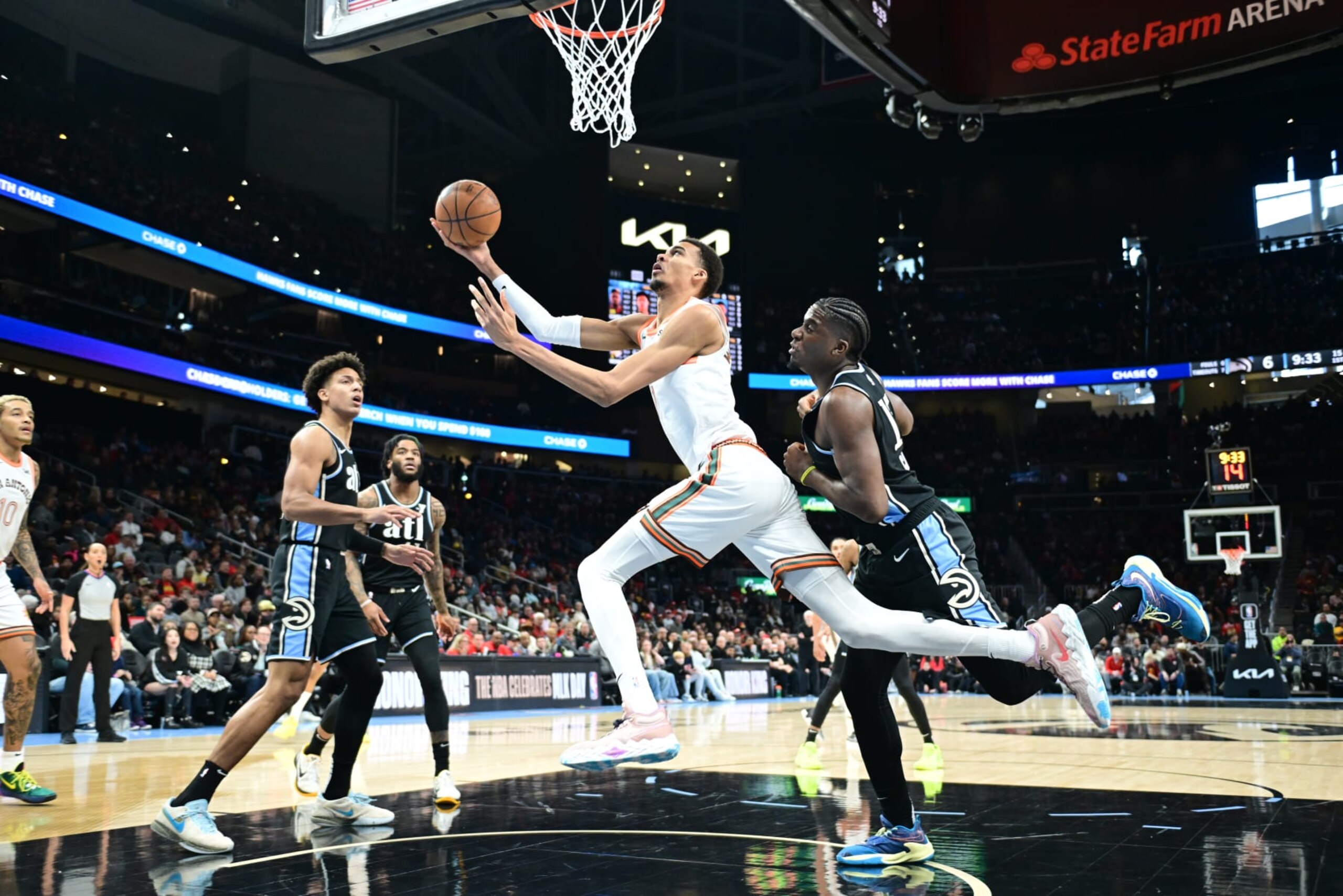 ATLANTA, GA - JANUARY 15: Victor Wembanyama #1 of the San Antonio Spurs shoots the ball during the game against the Atlanta Hawks on January 15, 2024 at State Farm Arena in Atlanta, Georgia. NOTE TO USER: User expressly acknowledges and agrees that, by downloading and/or using this Photograph, user is consenting to the terms and conditions of the Getty Images License Agreement. Mandatory Copyright Notice: Copyright 2024 NBAE (Photo by Adam Hagy/NBAE via Getty Images) ATLANTA, GA - JANUARY 15: Victor Wembanyama #1 of the San Antonio Spurs shoots the ball during the game against the Atlanta Hawks on January 15, 2024 at State Farm Arena in Atlanta, Georgia. NOTE TO USER: User expressly acknowledges and agrees that, by downloading and/or using this Photograph, user is consenting to the terms and conditions of the Getty Images License Agreement. Mandatory Copyright Notice: Copyright 2024 NBAE (Photo by Adam Hagy/NBAE via Getty Images)