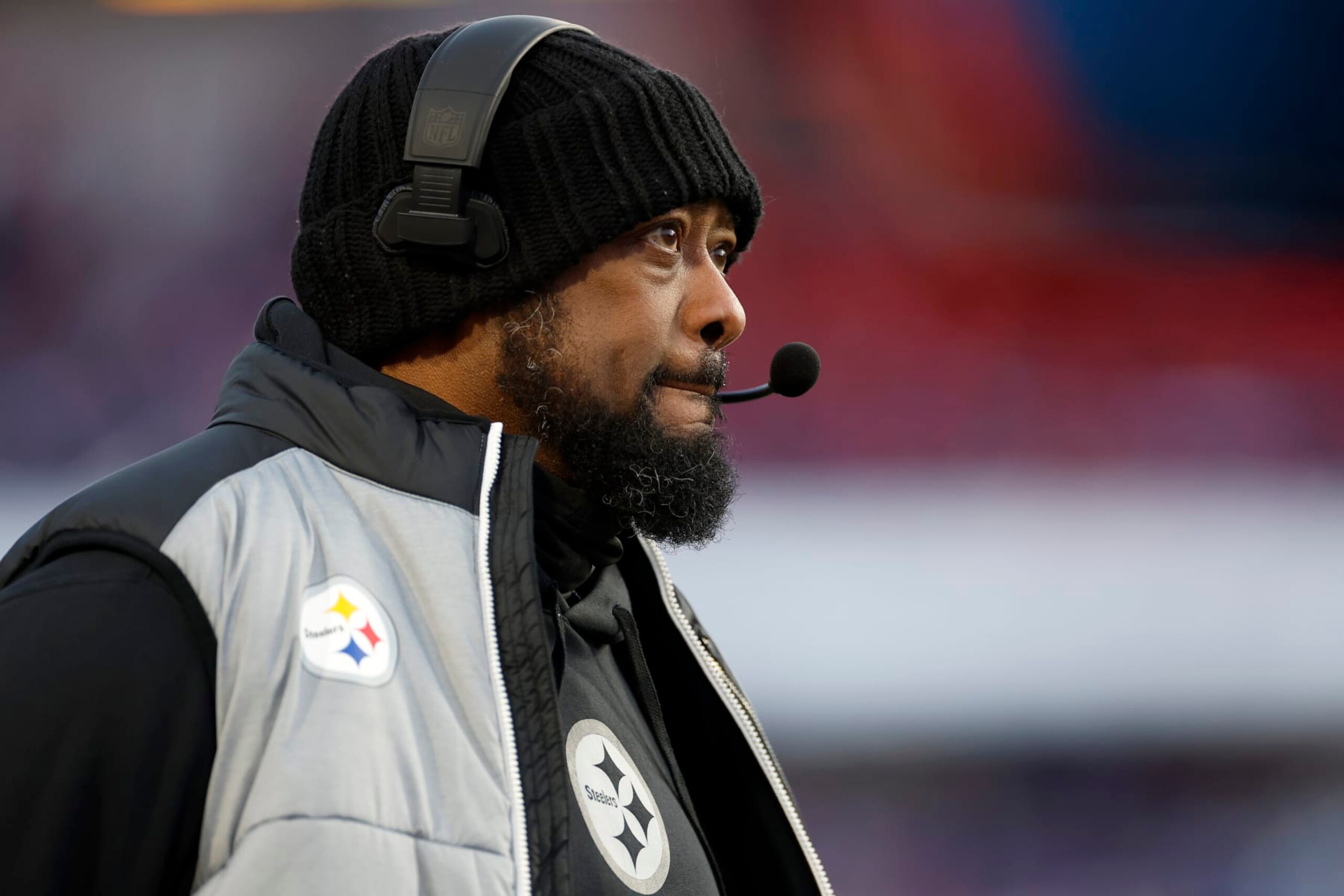 ORCHARD PARK, NEW YORK - JANUARY 15: Head coach Mike Tomlin of the Pittsburgh Steelers looks on during the first quarter against the Buffalo Bills at Highmark Stadium on January 15, 2024 in Orchard Park, New York. (Photo by Sarah Stier/Getty Images)
