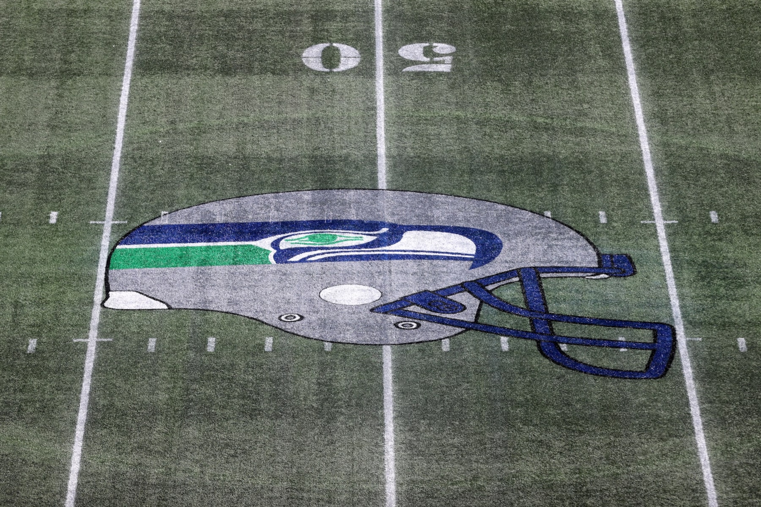 SEATTLE, WASHINGTON - OCTOBER 29: The Seattle Seahawks throwback logo is seen on the football field at Lumen Field before the game against the Cleveland Browns on October 29, 2023 in Seattle, Washington. (Photo by Steph Chambers/Getty Images)