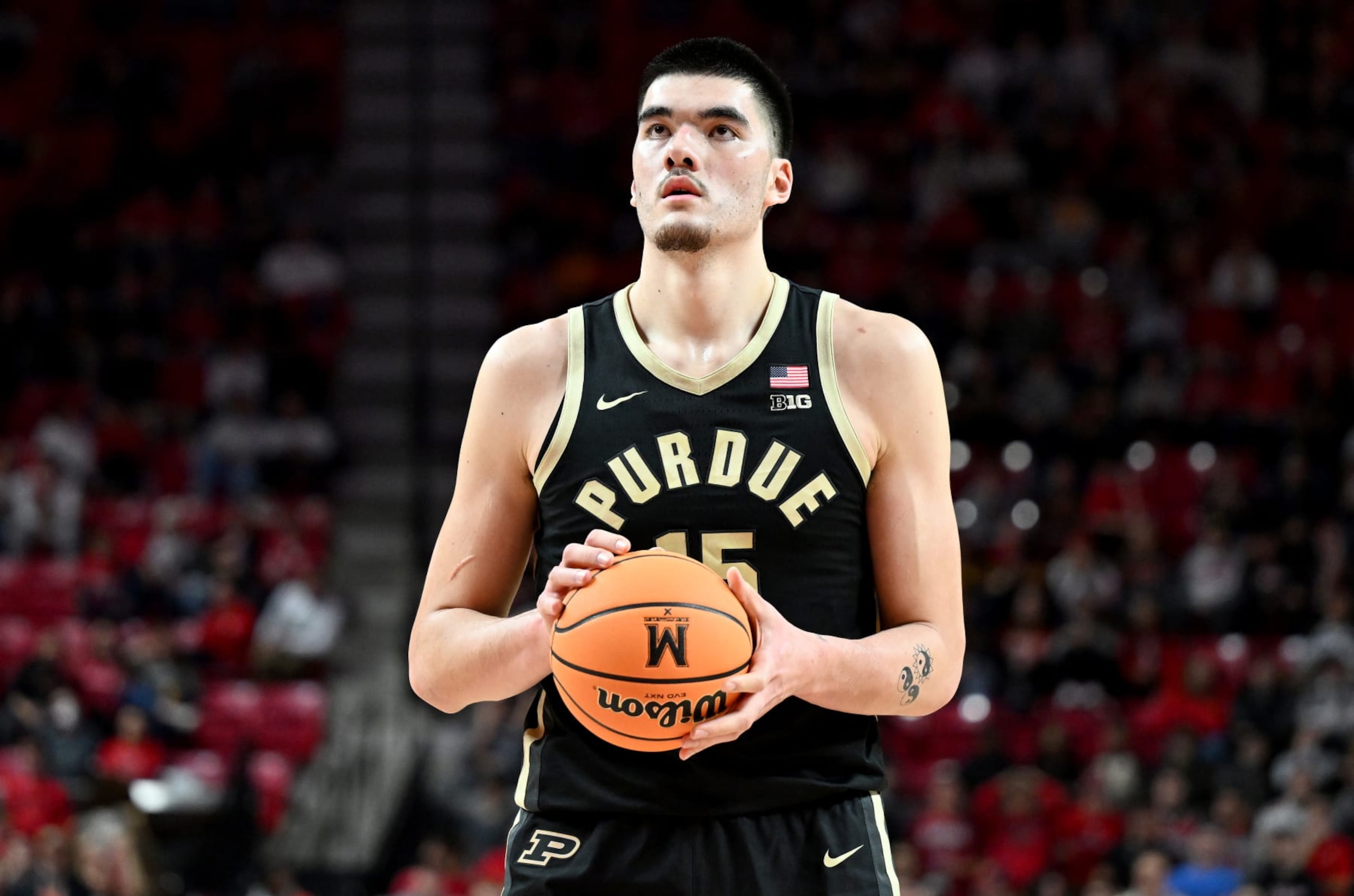 COLLEGE PARK, MARYLAND - JANUARY 02: Zach Edey #15 of the Purdue Boilermakers shoots a free throw against the Maryland Terrapins at Xfinity Center on January 02, 2024 in College Park, Maryland. (Photo by G Fiume/Getty Images)