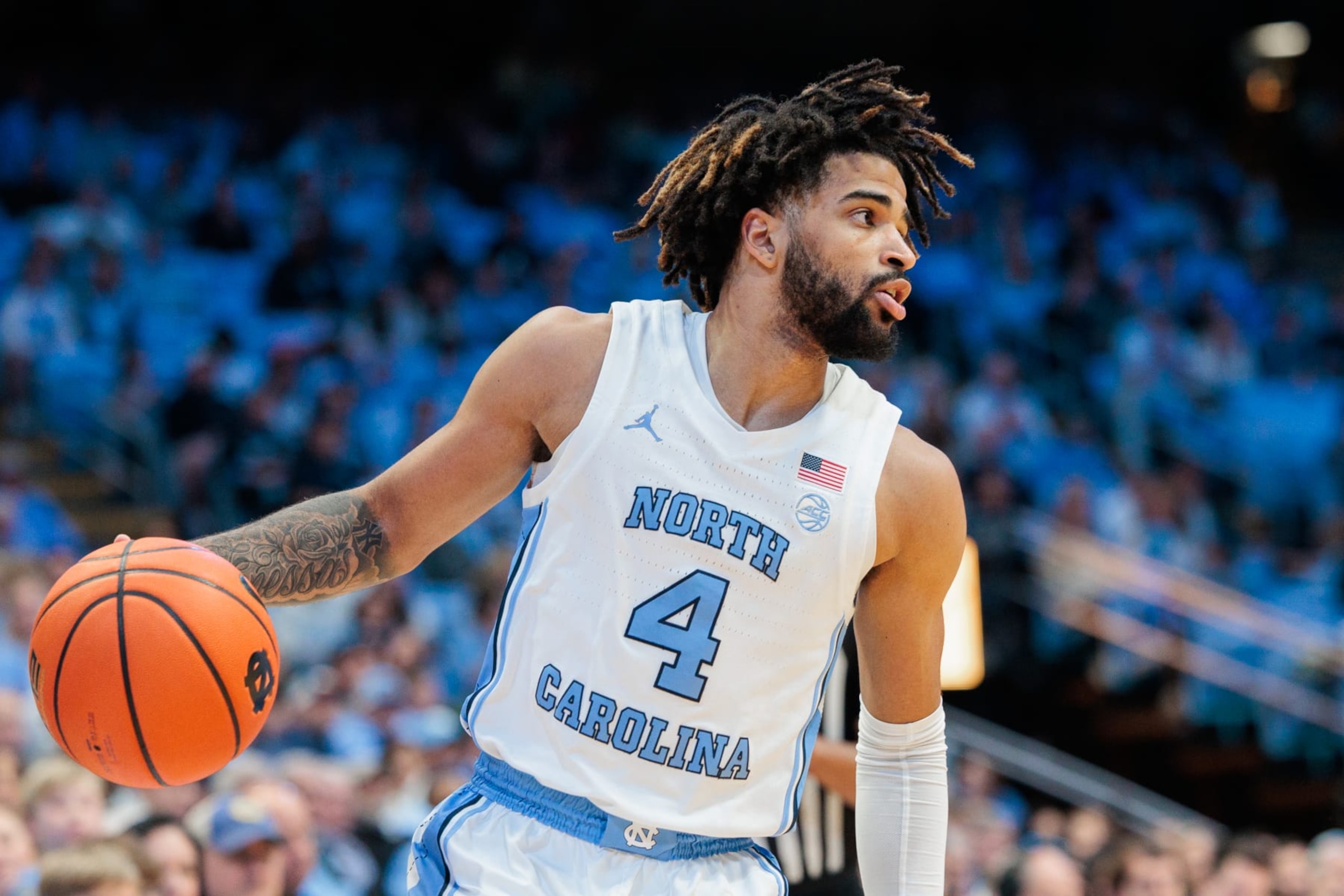 CHAPEL HILL, NORTH CAROLINA - DECEMBER 29: RJ Davis #4 of the North Carolina Tar Heels in action during a game against the Charleston Southern Buccaneers at Dean E. Smith Center on December 29, 2023 in Chapel Hill, North Carolina. (Photo by Ryan Hunt/Getty Images)