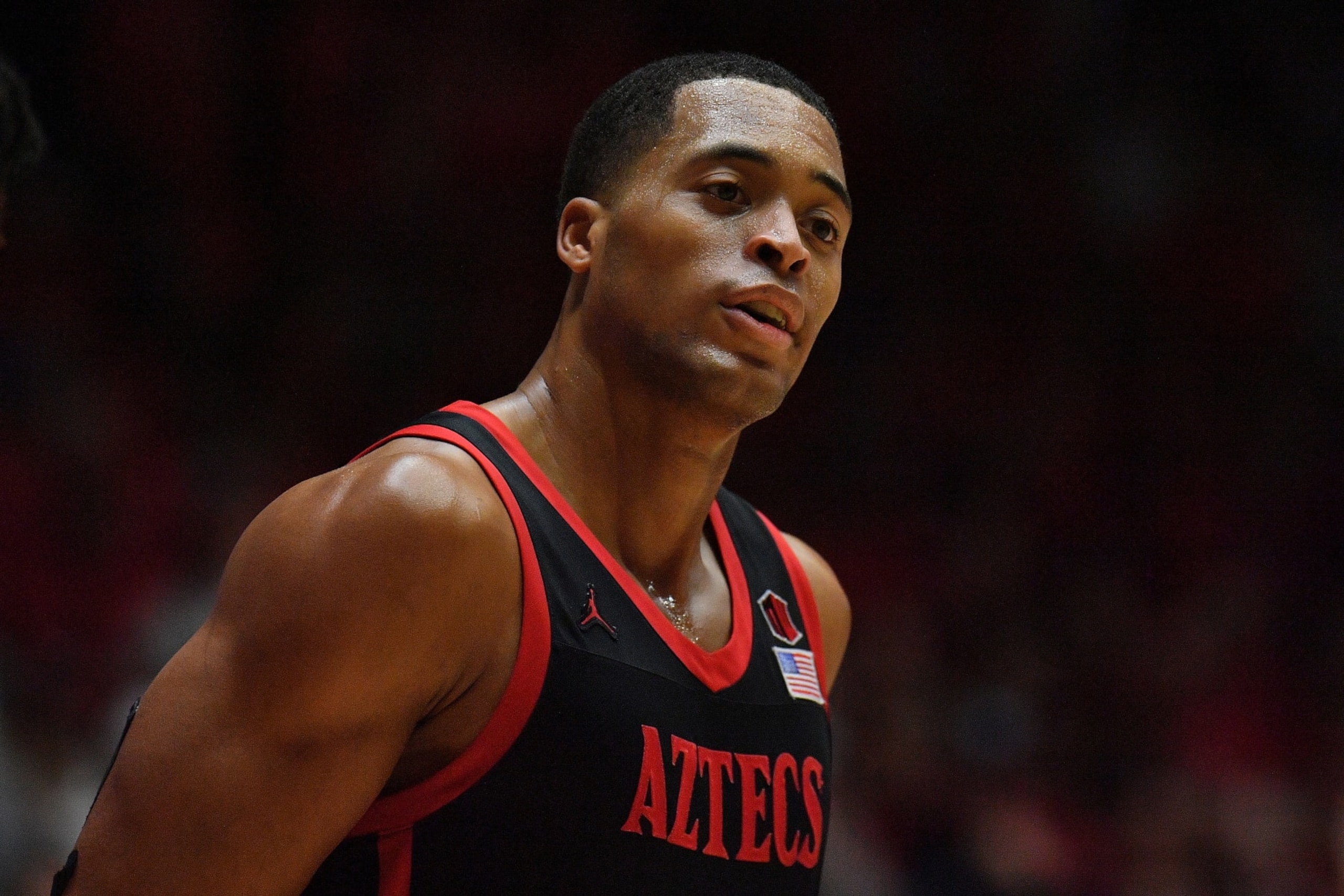 ALBUQUERQUE, NEW MEXICO - JANUARY 13: Jaedon LeDee #13 of the San Diego State Aztecs stands on the court during the first half of his team's game against the New Mexico Lobos at The Pit on January 13, 2024 in Albuquerque, New Mexico. (Photo by Sam Wasson/Getty Images)