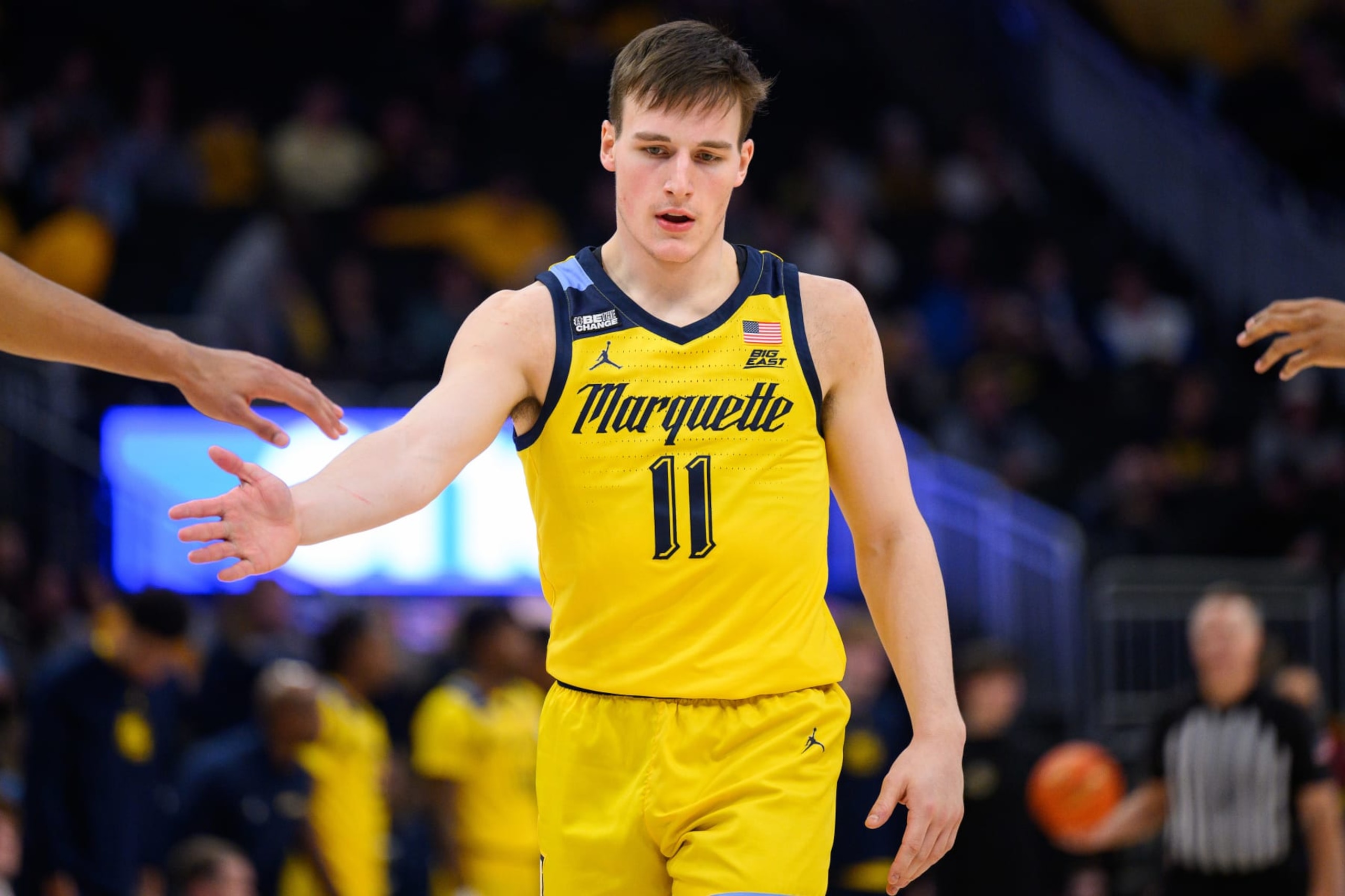 MILWAUKEE, WI - JANUARY 10: Marquette Golden Eagles guard Tyler Kolek (11) walks down the court during the men's college basketball game between the Butler Bulldogs and Marquette Golden Eagles on January 10, 2024, at Fiserv Forum in Milwaukee, WI. (Photo by Zach Bolinger/Icon Sportswire via Getty Images)