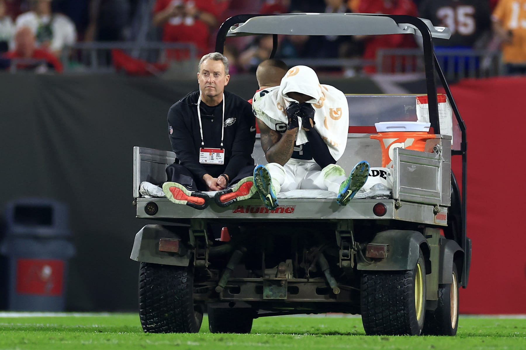 TAMPA, FLORIDA - JANUARY 15: Darius Slay #2 of the Philadelphia Eagles is carted off the field against the Tampa Bay Buccaneers during the fourth quarter in the NFC Wild Card Playoffs at Raymond James Stadium on January 15, 2024 in Tampa, Florida. (Photo by Mike Ehrmann/Getty Images)