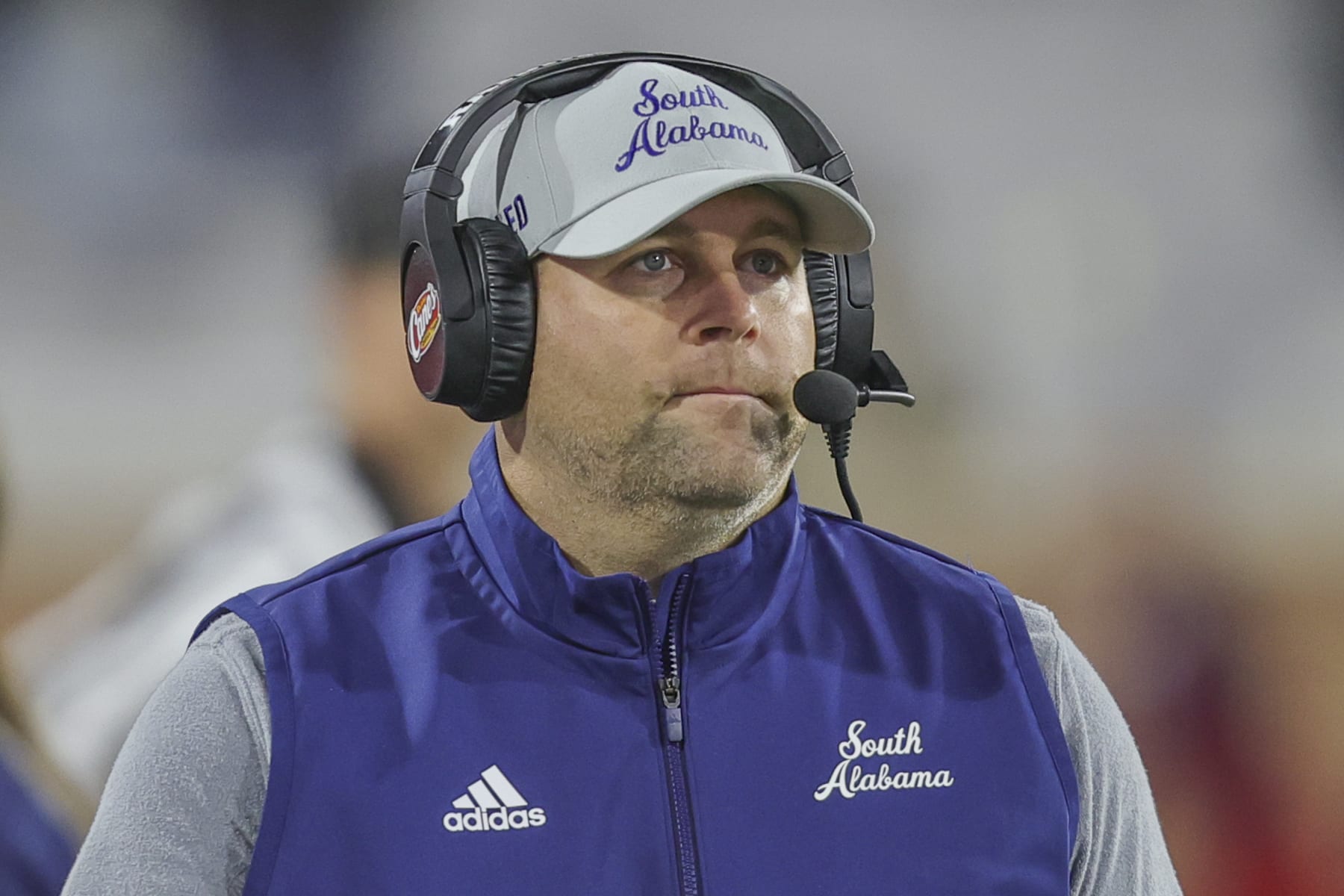 MOBILE, AL - OCTOBER 17: South Alabama Jaguars head coach Kane Wommack looks on as his offense works in the third quarter during a college football game between the Southern Miss Golden Eagles and the South Alabama Jaguars on October 17, 2023, at Hancock-Whitney Stadium, Mobile, Alabama. (Photo by Bobby McDuffie/Icon Sportswire via Getty Images)