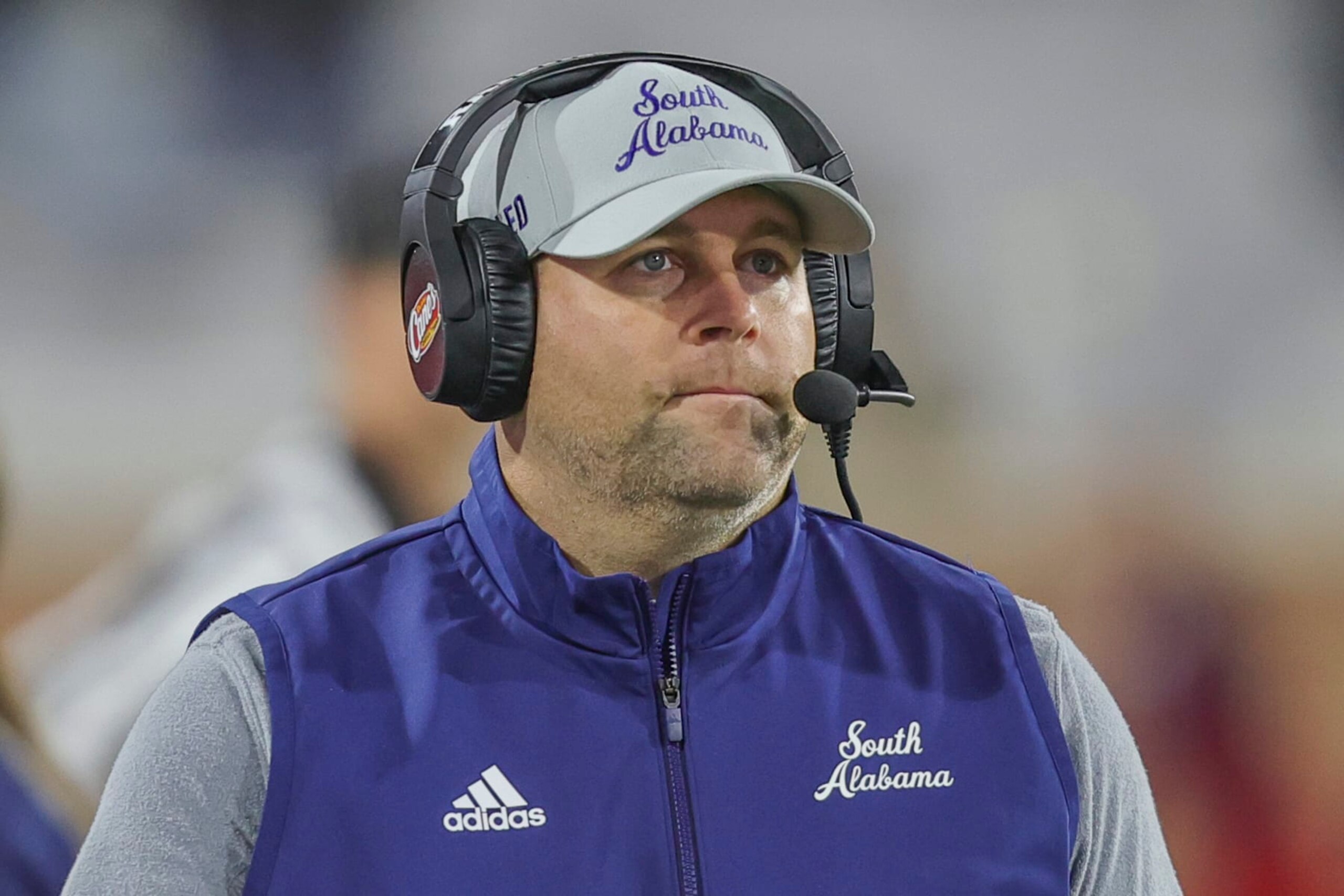 MOBILE, AL - OCTOBER 17: South Alabama Jaguars head coach Kane Wommack looks on as his offense works in the third quarter during a college football game between the Southern Miss Golden Eagles and the South Alabama Jaguars on October 17, 2023, at Hancock-Whitney Stadium, Mobile, Alabama. (Photo by Bobby McDuffie/Icon Sportswire via Getty Images) MOBILE, AL - OCTOBER 17: South Alabama Jaguars head coach Kane Wommack looks on as his offense works in the third quarter during a college football game between the Southern Miss Golden Eagles and the South Alabama Jaguars on October 17, 2023, at Hancock-Whitney Stadium, Mobile, Alabama. (Photo by Bobby McDuffie/Icon Sportswire via Getty Images)