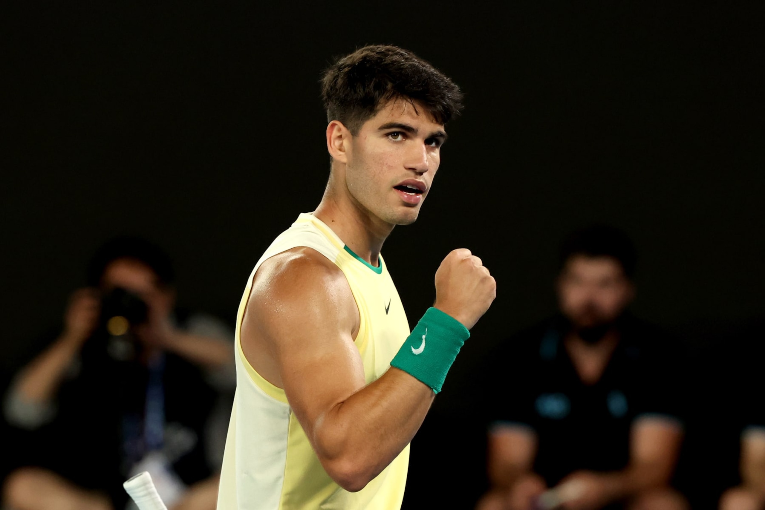 MELBOURNE, AUSTRALIA - JANUARY 16: Carlos Alcaraz of Spain celebrates a point in their first round match against Richard Gasquet of France during the 2024 Australian Open at Melbourne Park on January 16, 2024 in Melbourne, Australia. (Photo by Darrian Traynor/Getty Images) MELBOURNE, AUSTRALIA - JANUARY 16: Carlos Alcaraz of Spain celebrates a point in their first round match against Richard Gasquet of France during the 2024 Australian Open at Melbourne Park on January 16, 2024 in Melbourne, Australia. (Photo by Darrian Traynor/Getty Images)